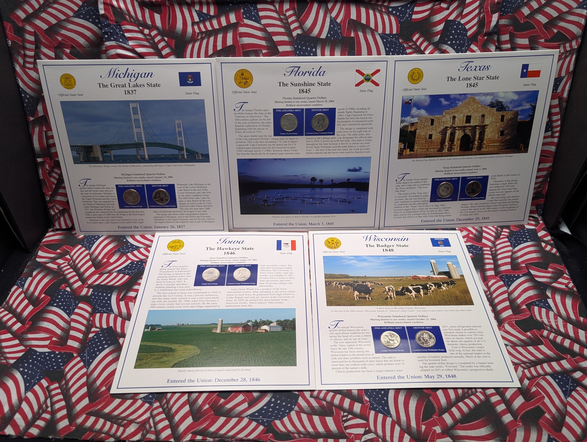 (5) 2004 P&D Uncirculated State Quarter Sets with Stamps in Binder Display Sheets