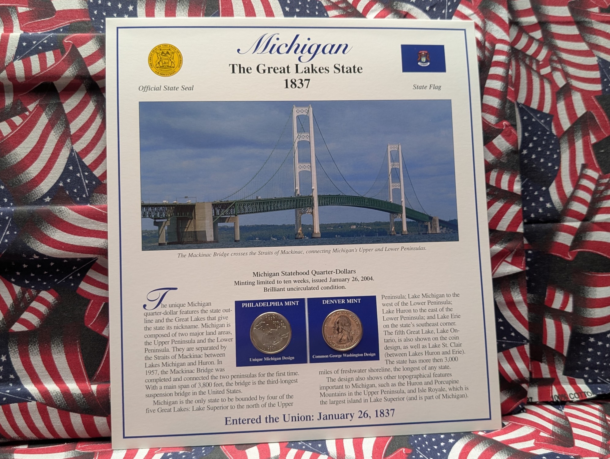 (5) 2004 P&D Uncirculated State Quarter Sets with Stamps in Binder Display Sheets