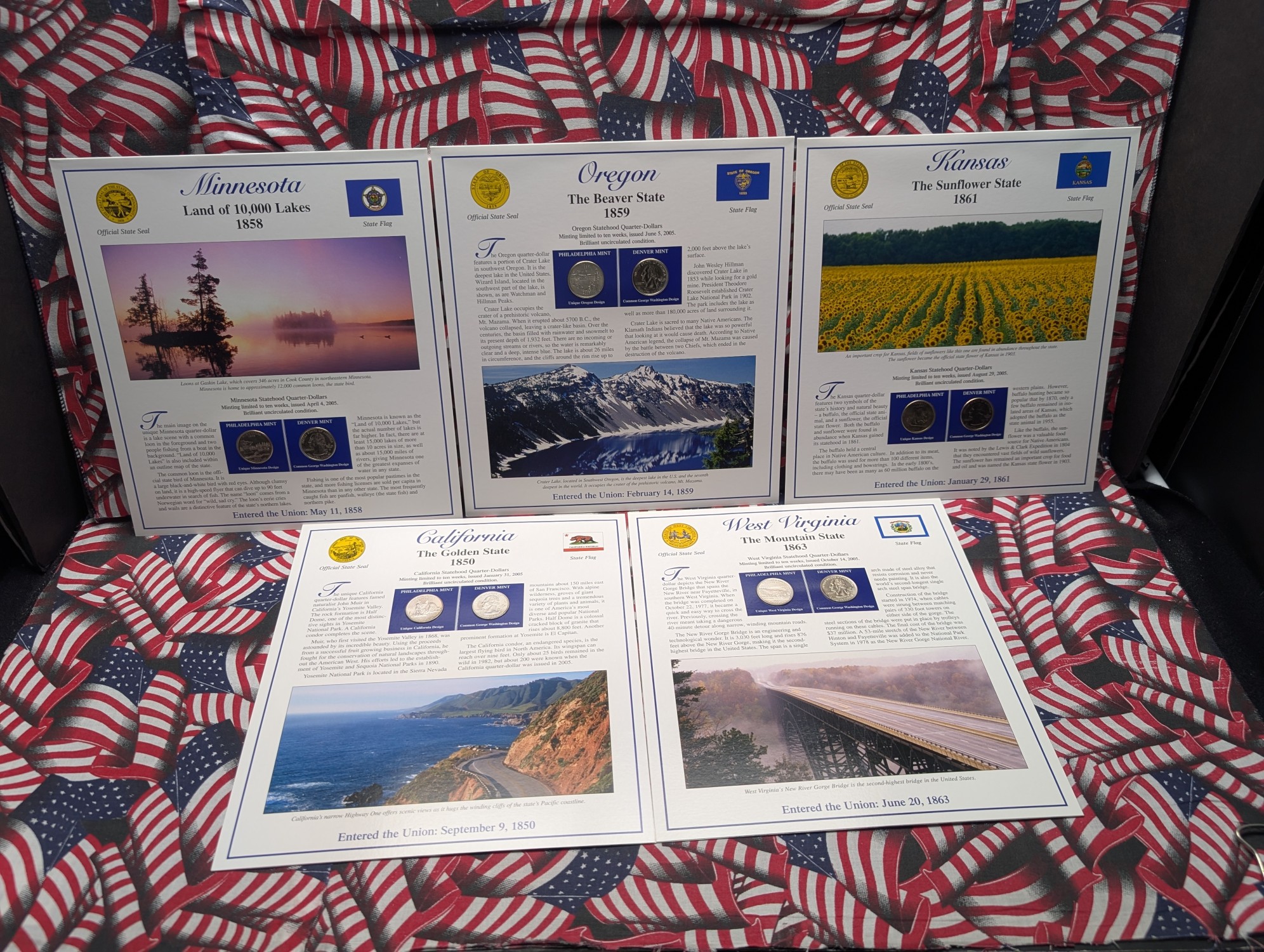 (5) 2005 P&D Uncirculated State Quarter Sets with Stamps in Binder Display Sheets