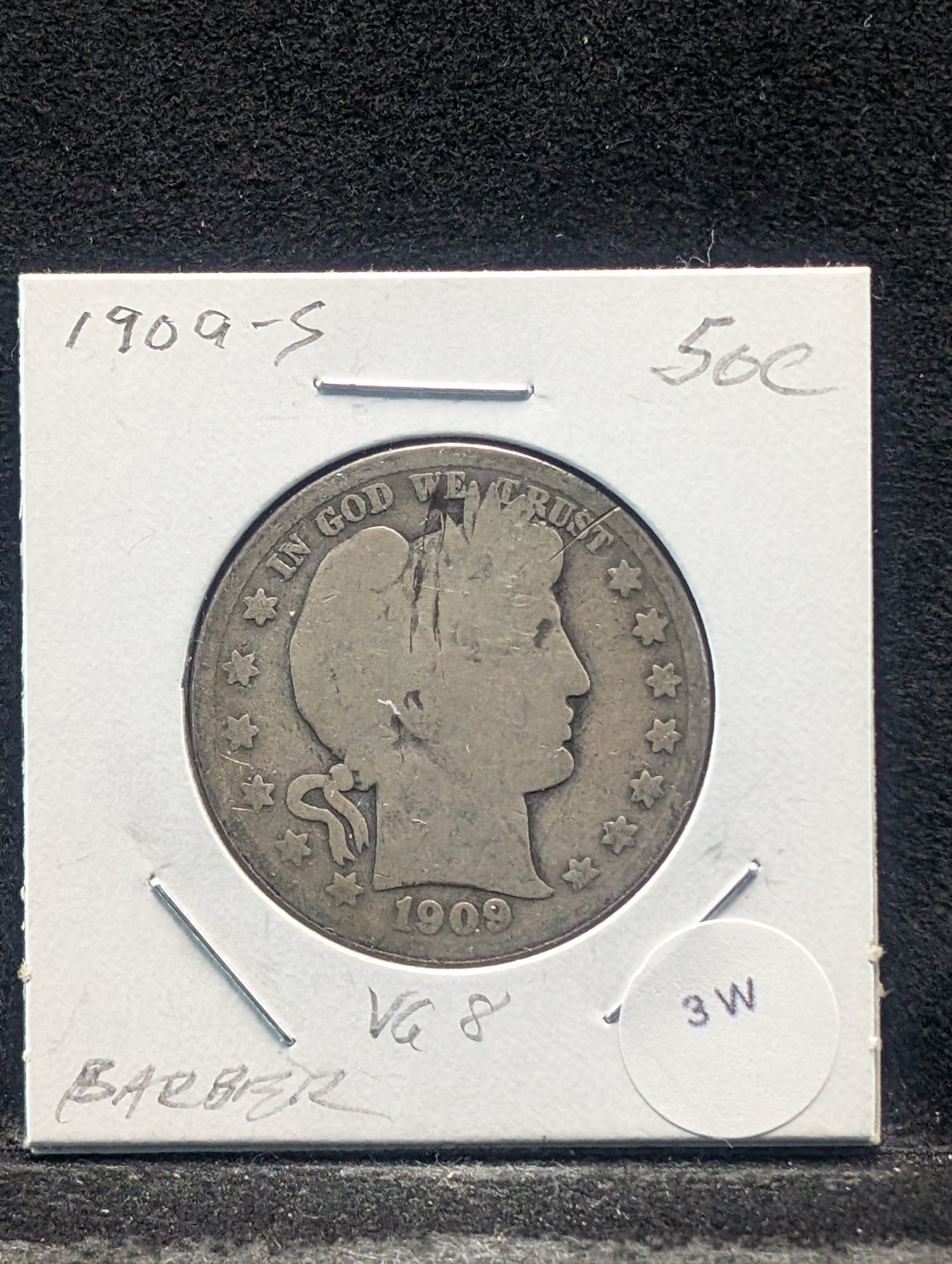 1909-S Barber 90% Silver Half Dollar