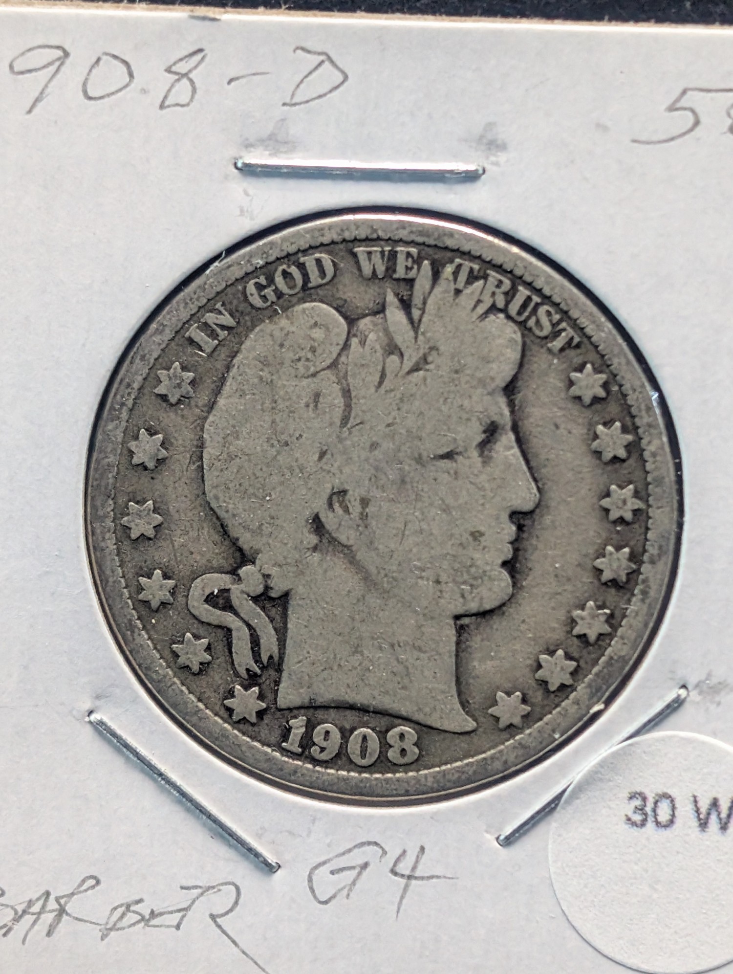 1908-D Barber 90% Silver Half Dollar