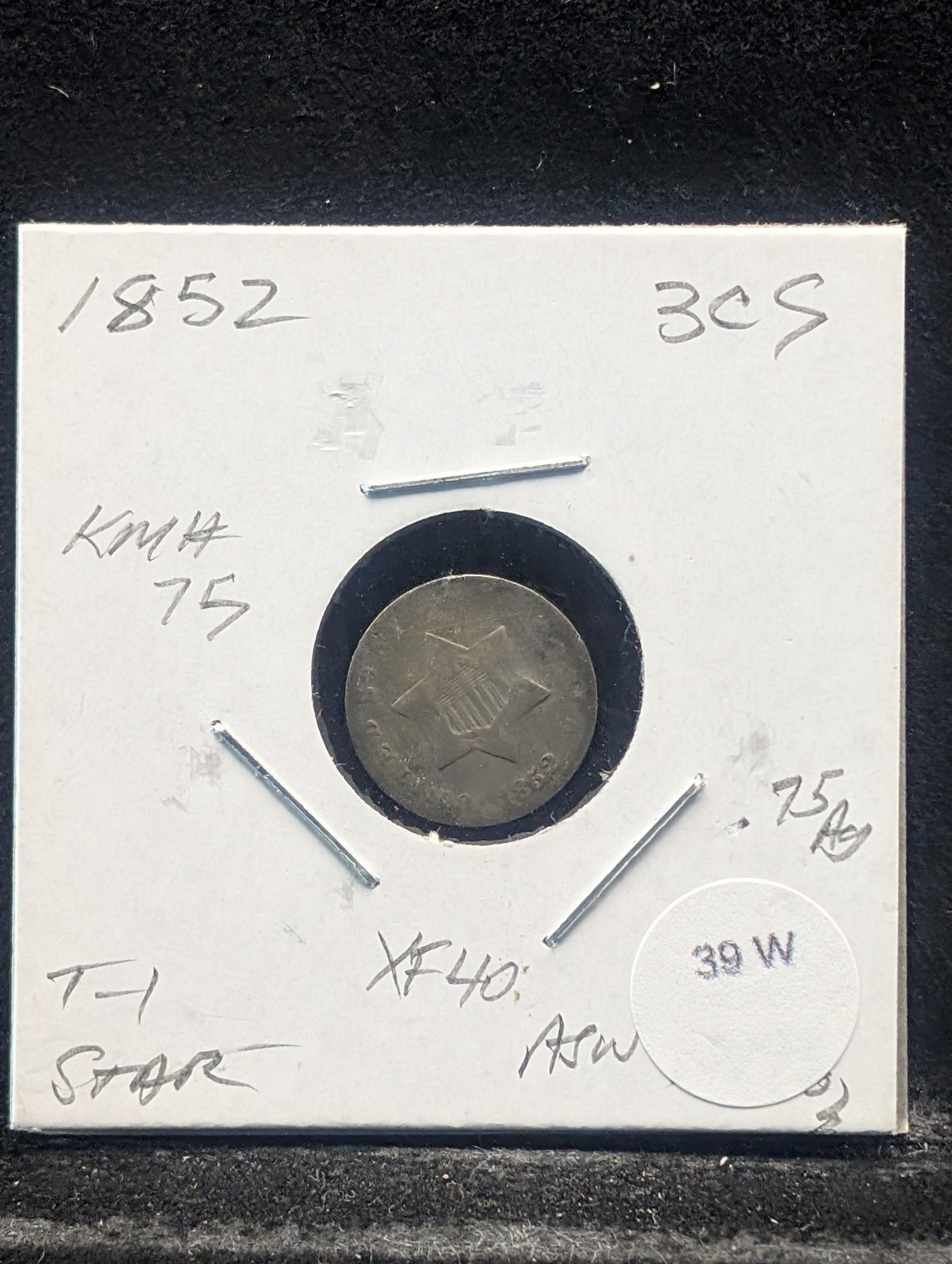1852 Three Cent 75% Silver Trime - T-1