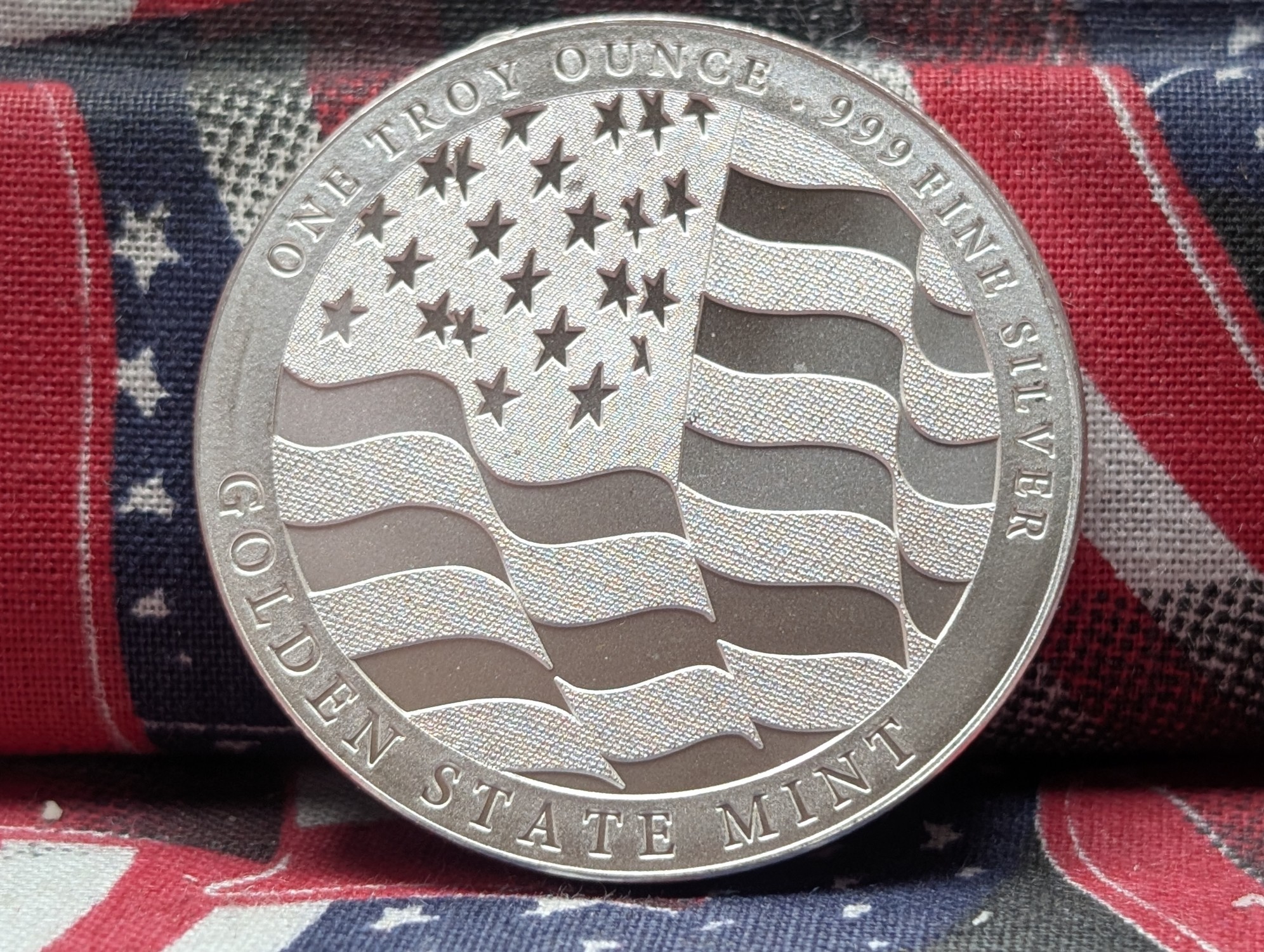 Golden State Mint One Troy Ounce .999 Silver, American Flag & Eagle, BU