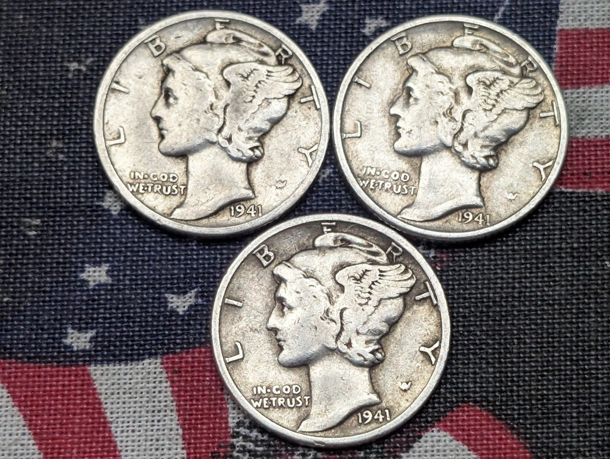 (3) 1941 Mercury 90% Silver Dimes, 85 Years old, WWII Era