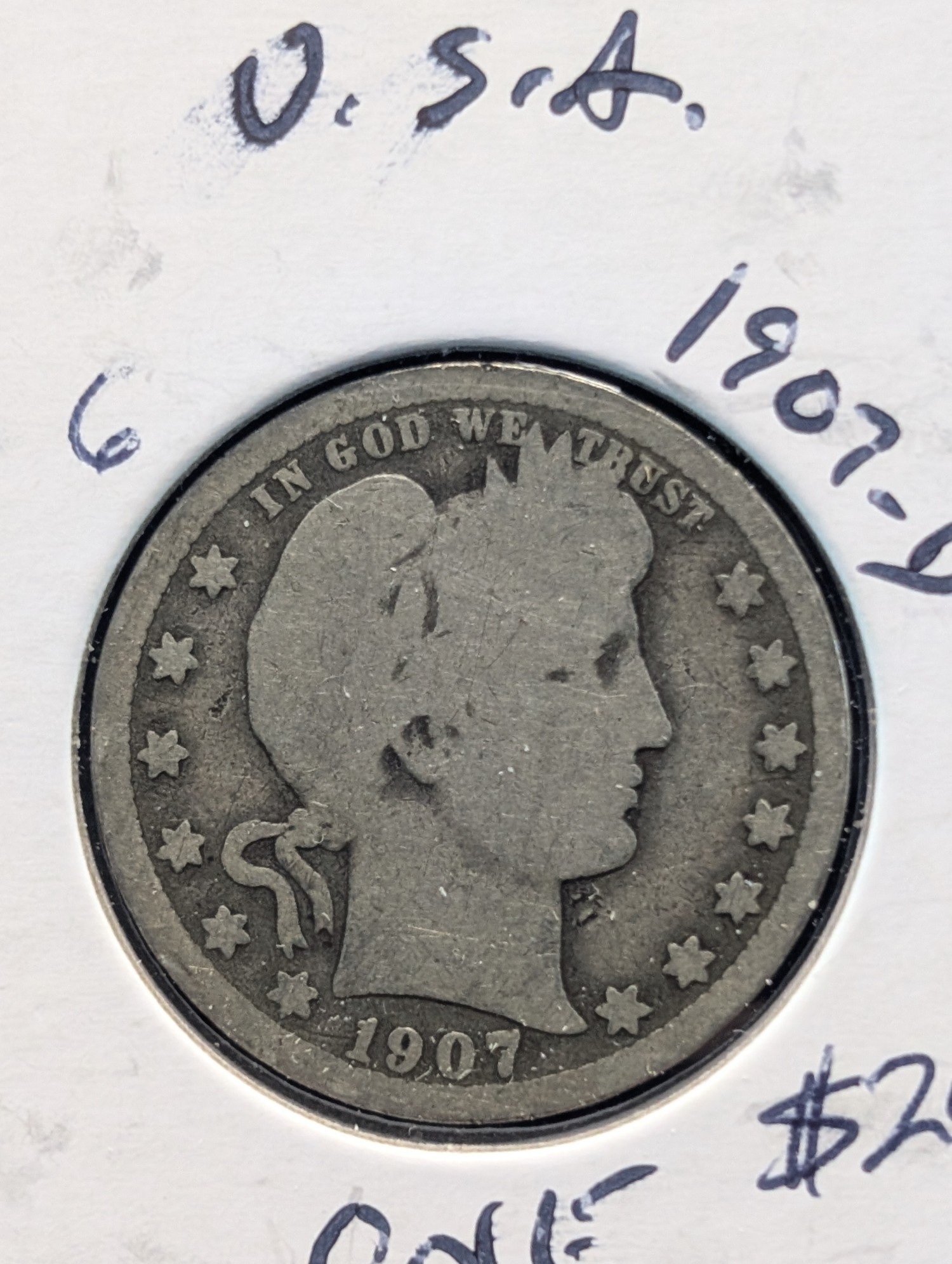 1907-D Barber 90% Silver Quarter - 119 Years Old!
