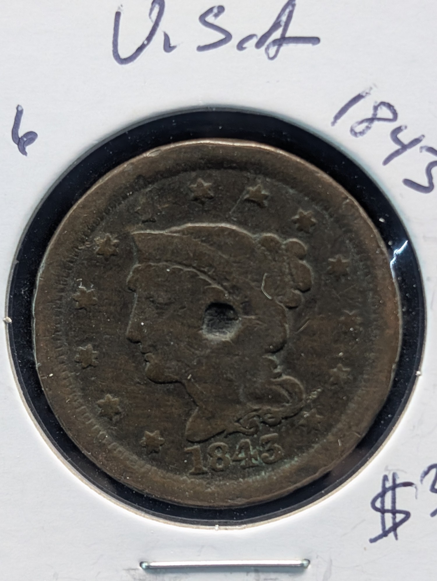 1843 Braided Hair Liberty Head Large Cent - 183 Years Old! Partial Hole