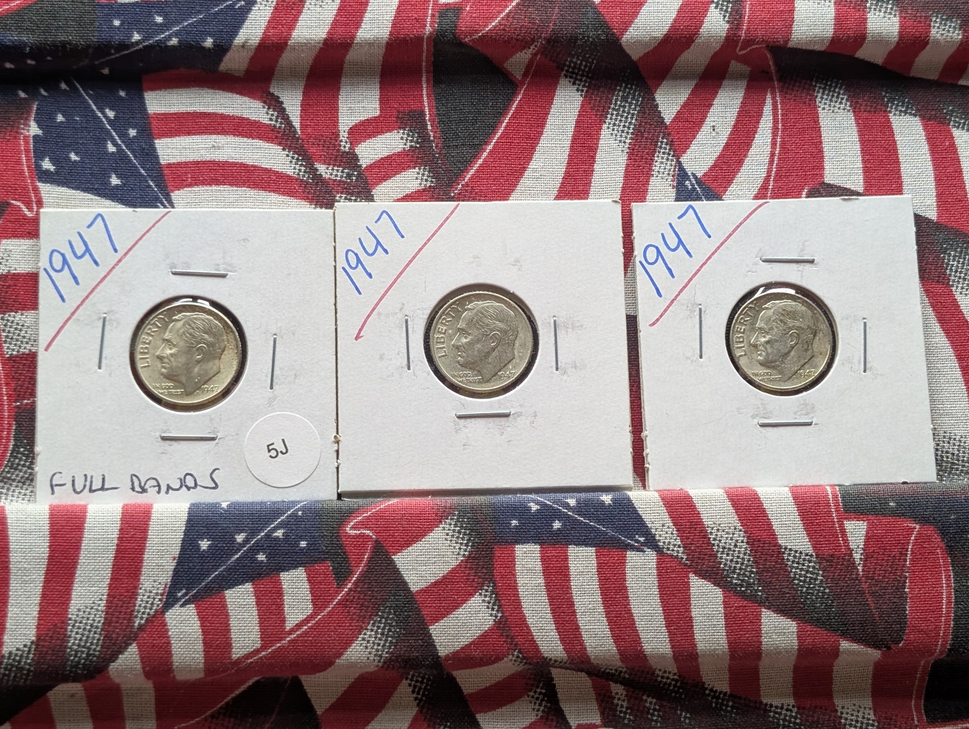 (3) 1947 Roosevelt 90% Silver Dimes - One with Full Bands