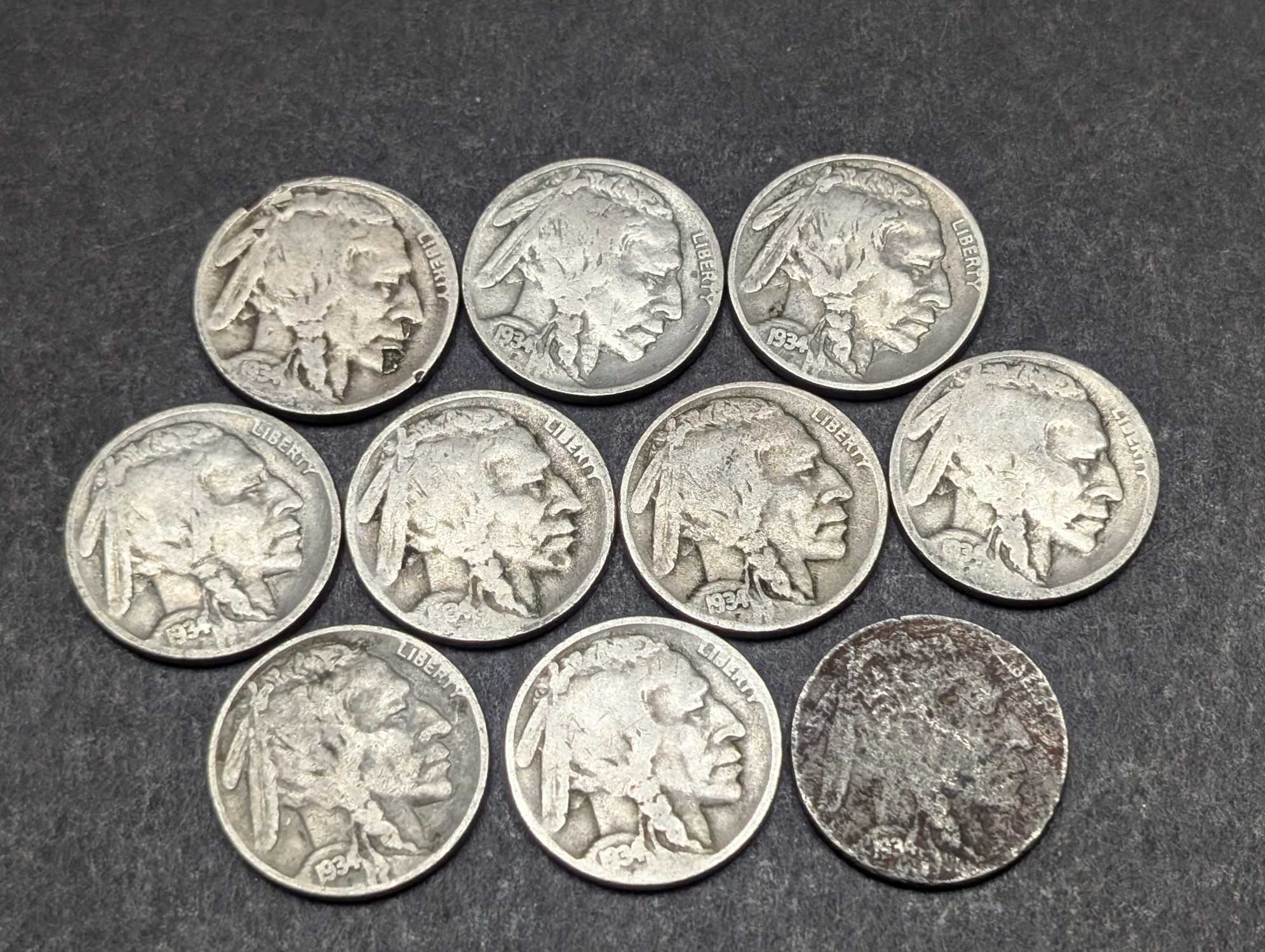 (10) 1934 P&D Indian Head Buffalo Nickels