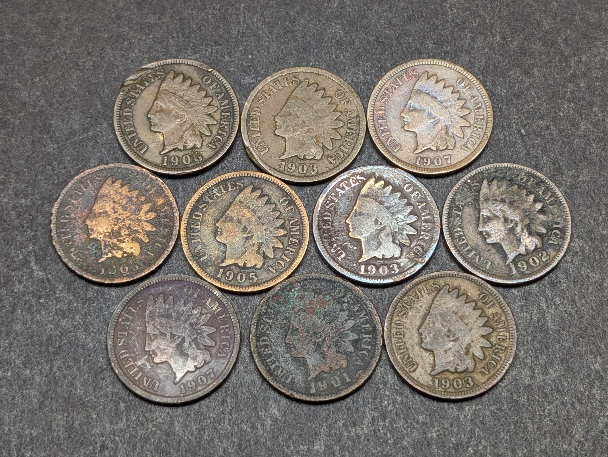 1901, 1902, (4) 1903, 1905, 1906, (2) 1907 Indian Head Cents
