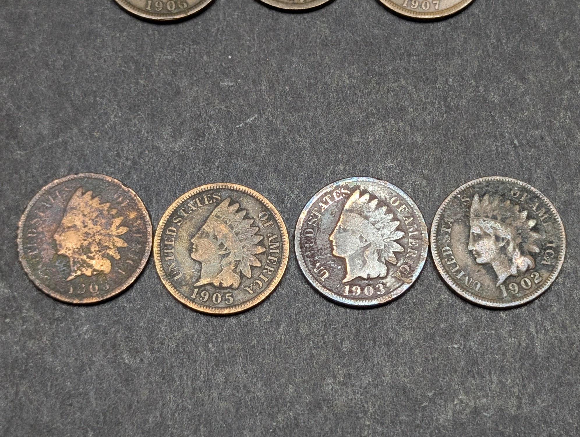 1901, 1902, (4) 1903, 1905, 1906, (2) 1907 Indian Head Cents