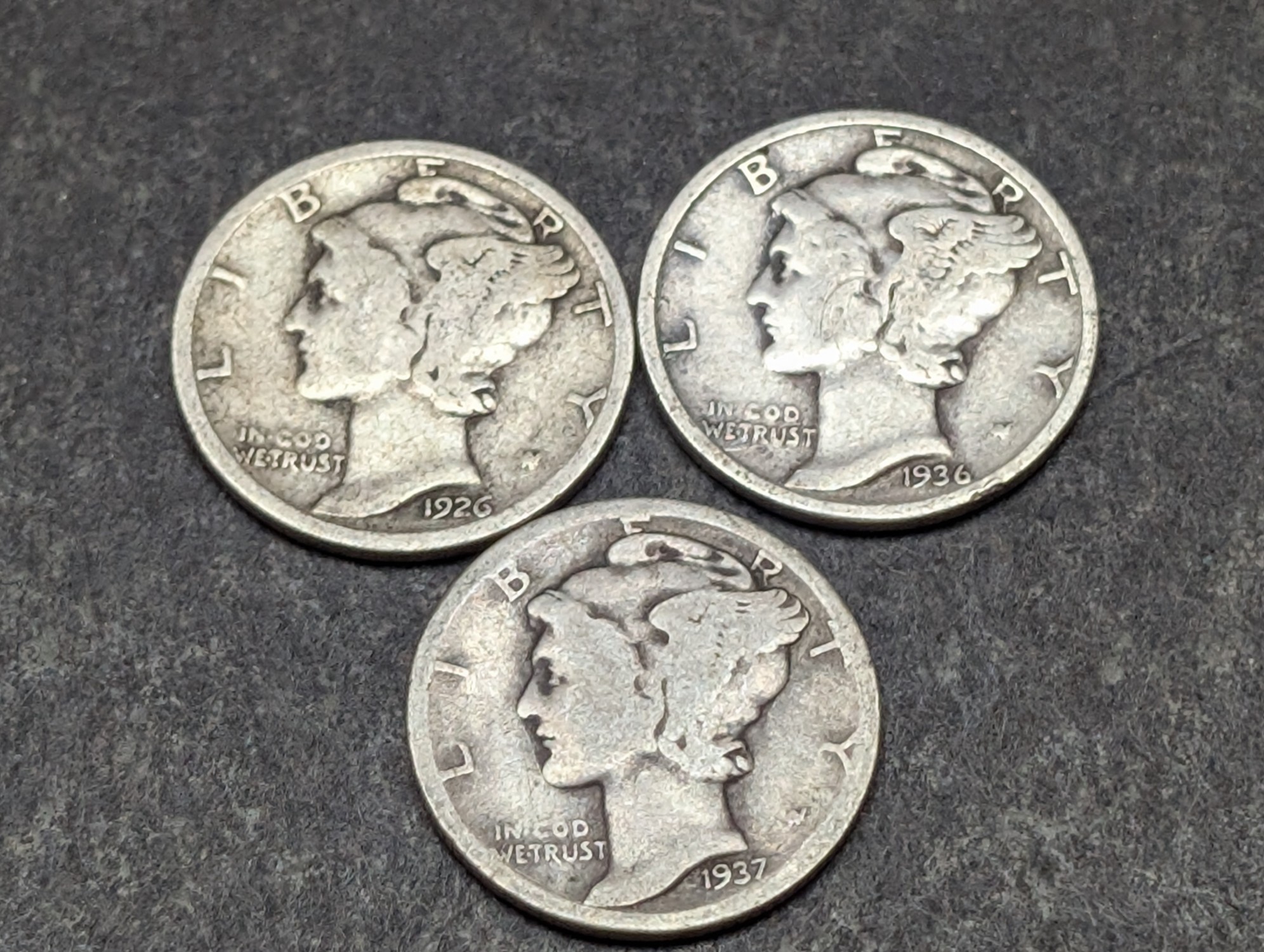 1926, 1936, & 1937 Mercury 90% Silver Dimes