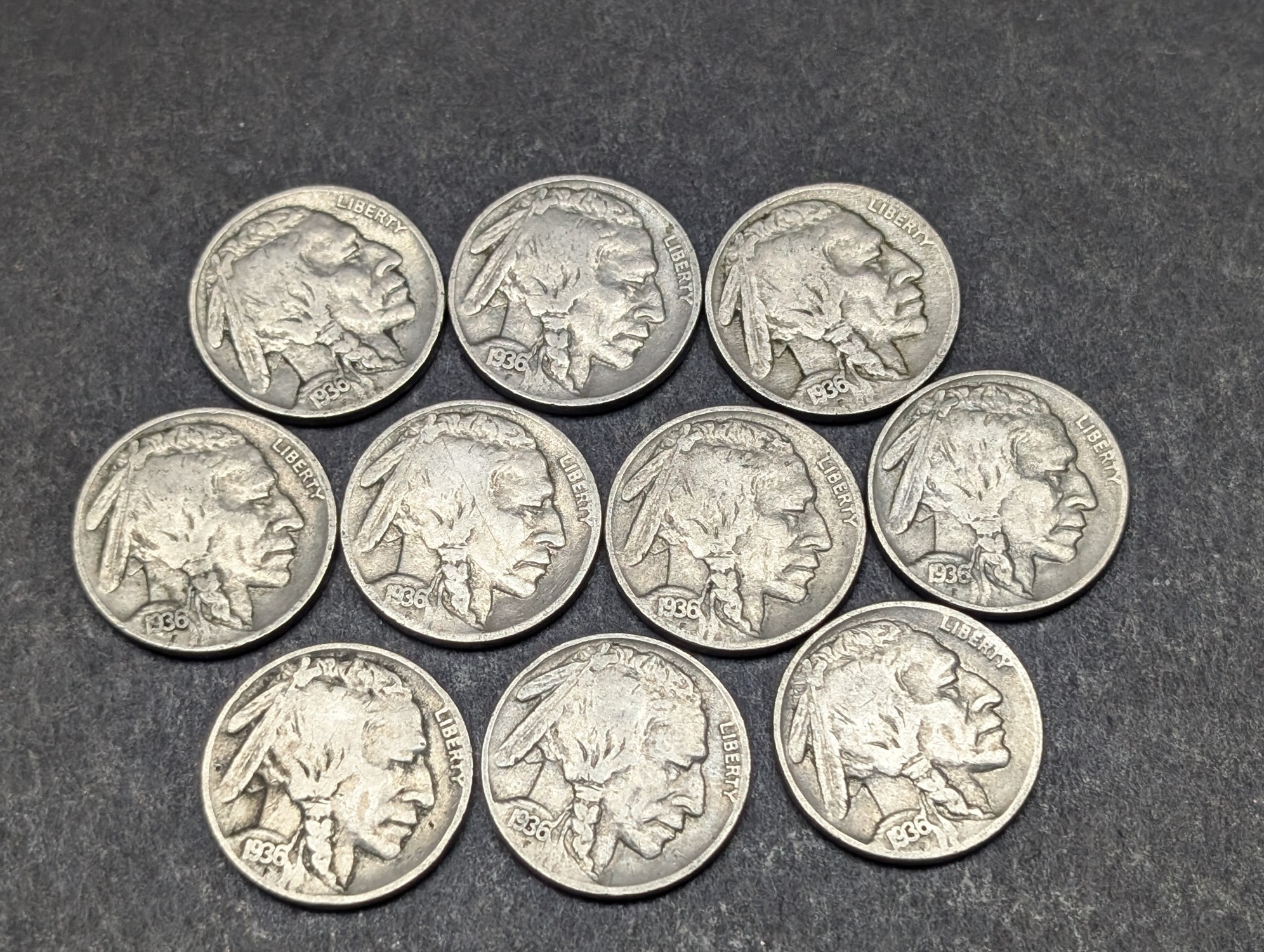 (10) 1936 Indian Head Buffalo Nickels