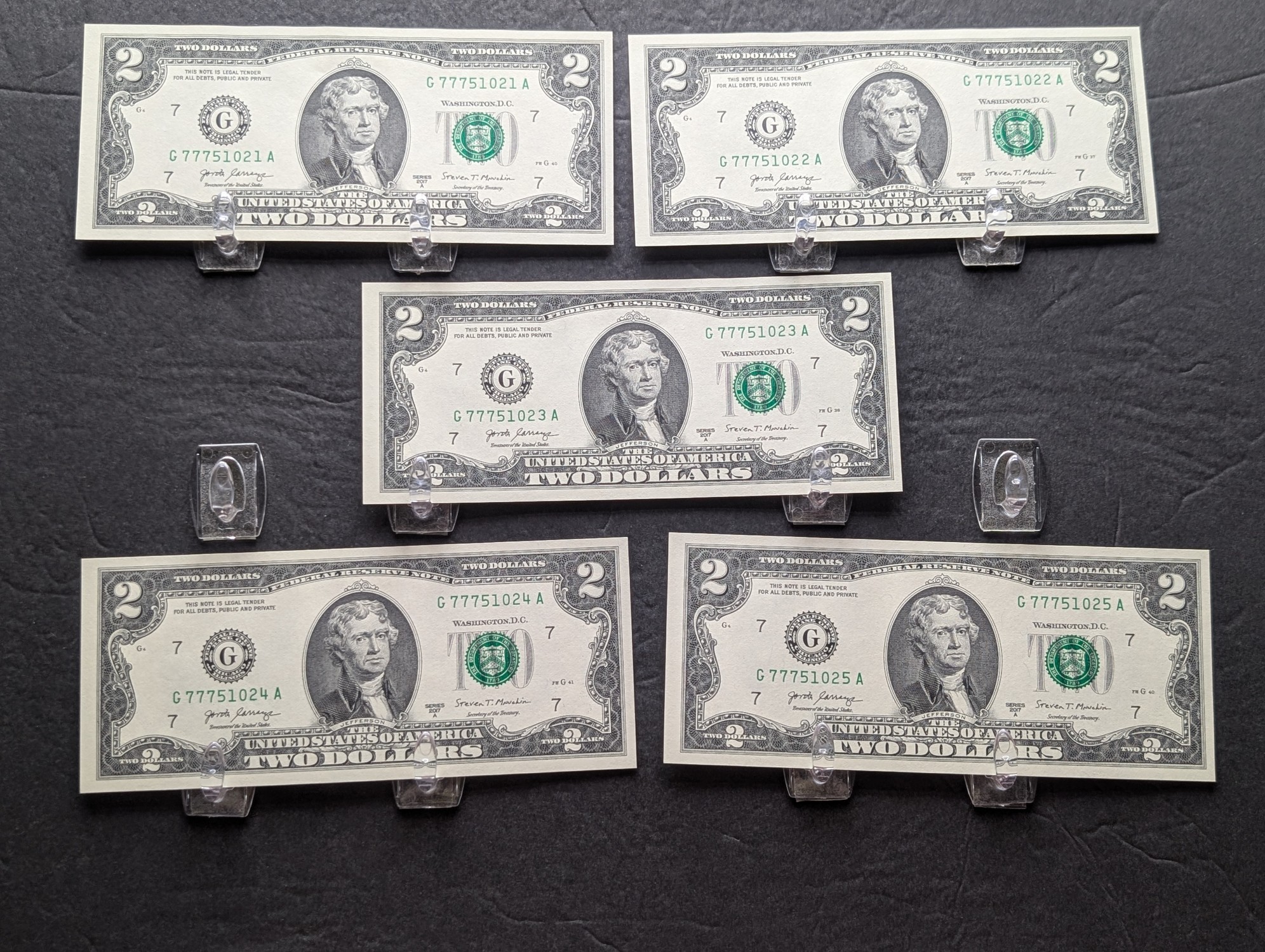 (5) 2017 A Series $2 Bills W/ Consecutive Serial Numbers - LUCKY SEVENS