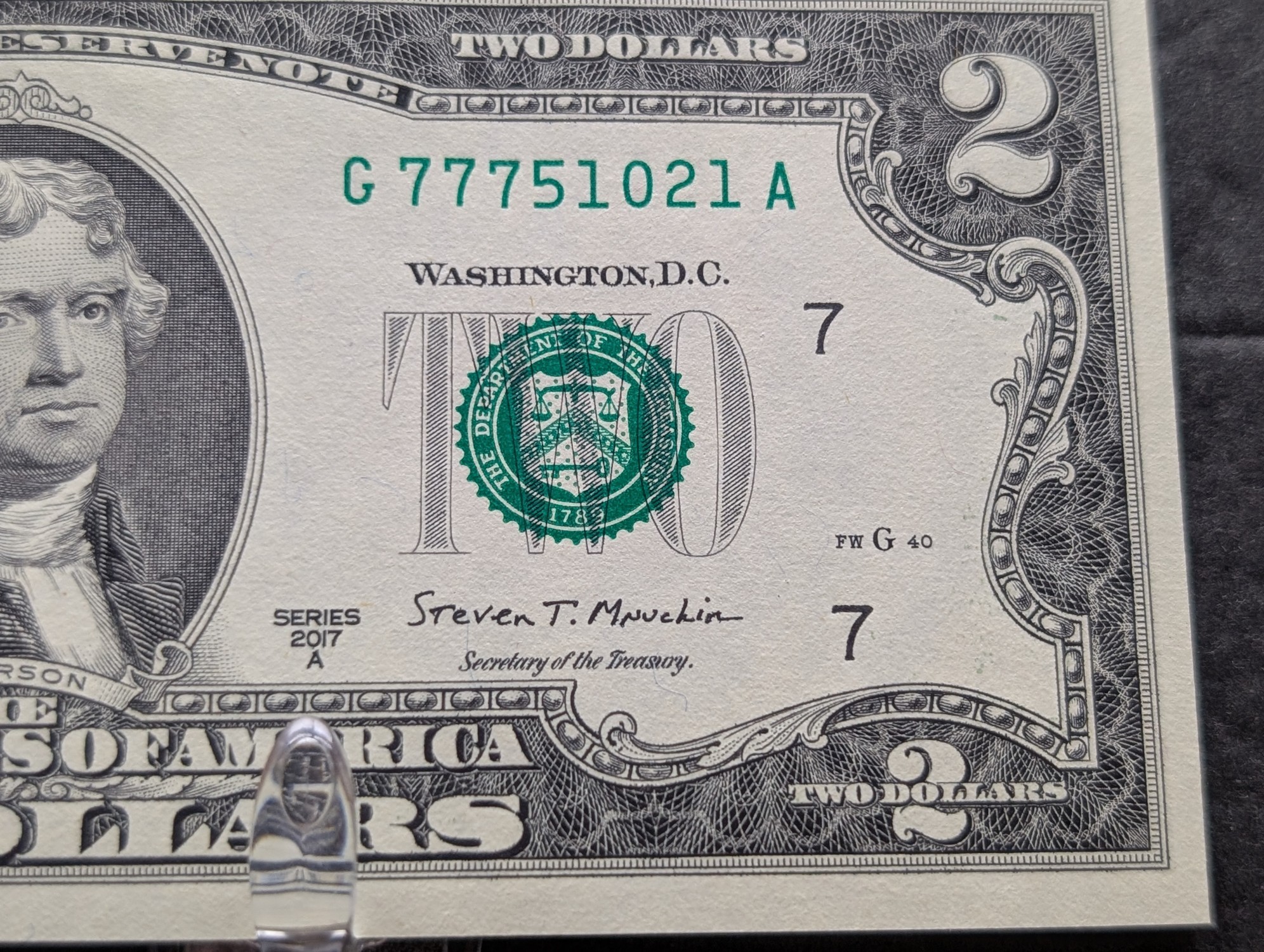(5) 2017 A Series $2 Bills W/ Consecutive Serial Numbers - LUCKY SEVENS