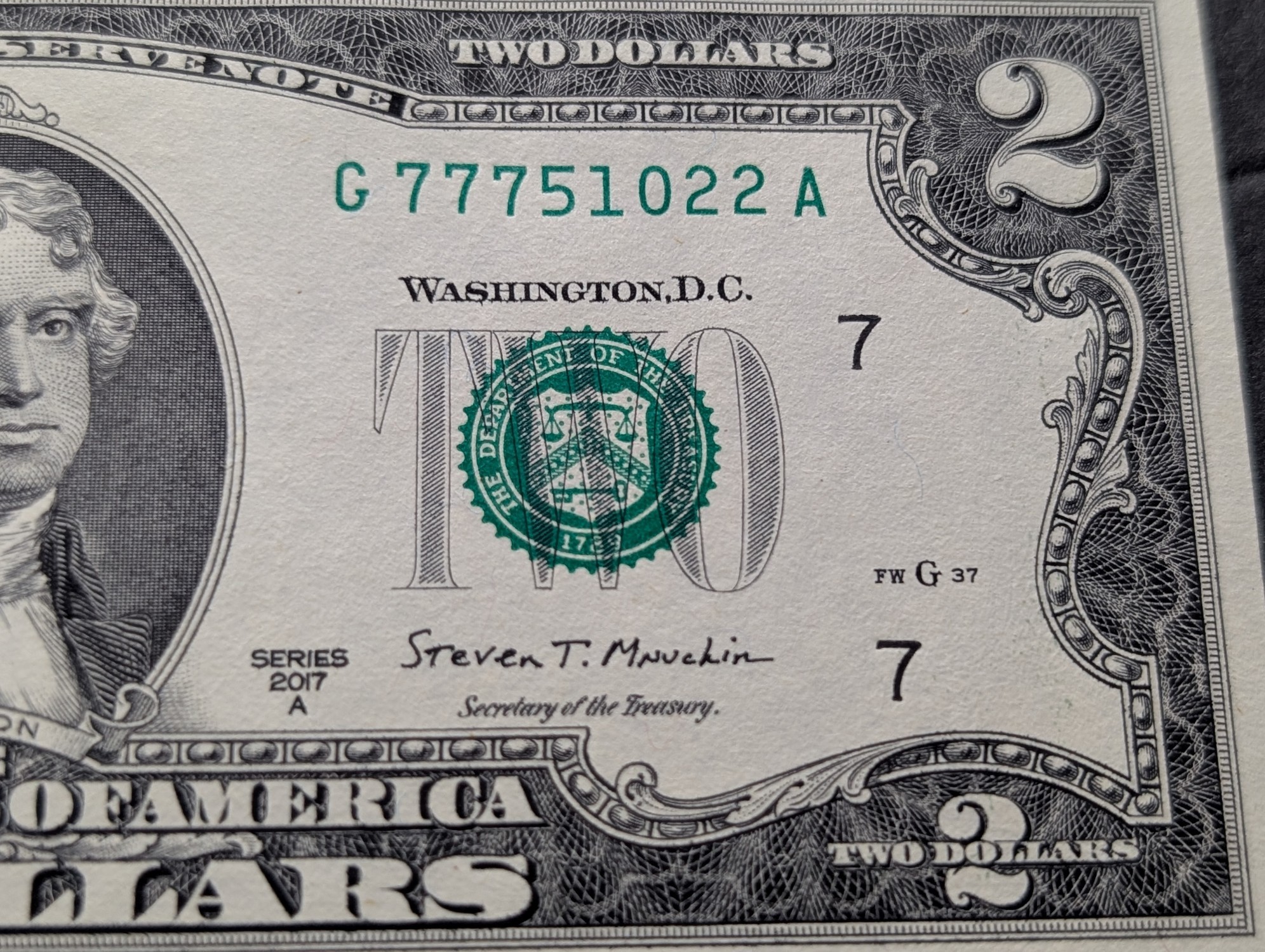 (5) 2017 A Series $2 Bills W/ Consecutive Serial Numbers - LUCKY SEVENS