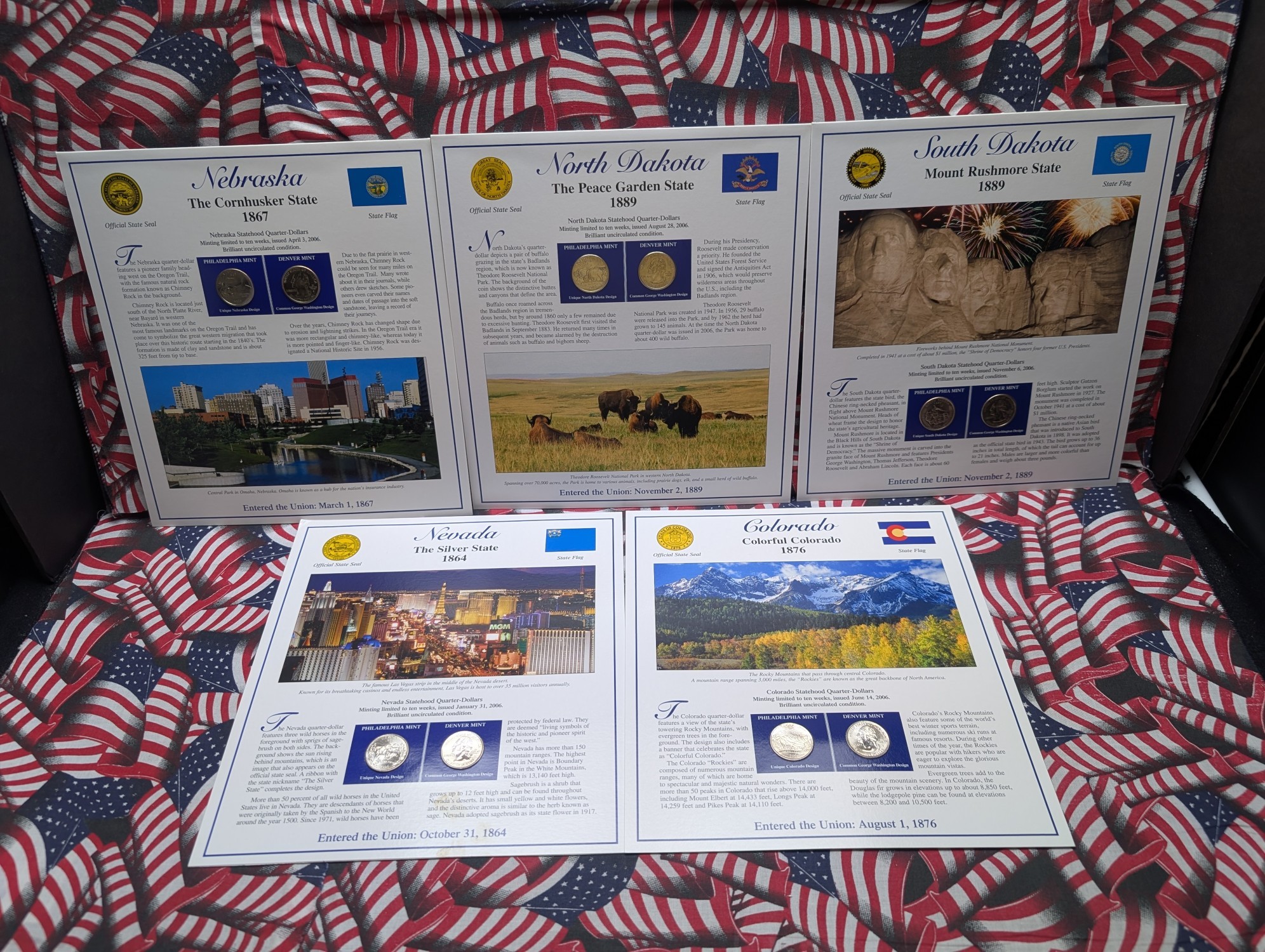 (5) 2006 P&D Uncirculated State Quarter Sets with Stamps in Binder Display Sheets