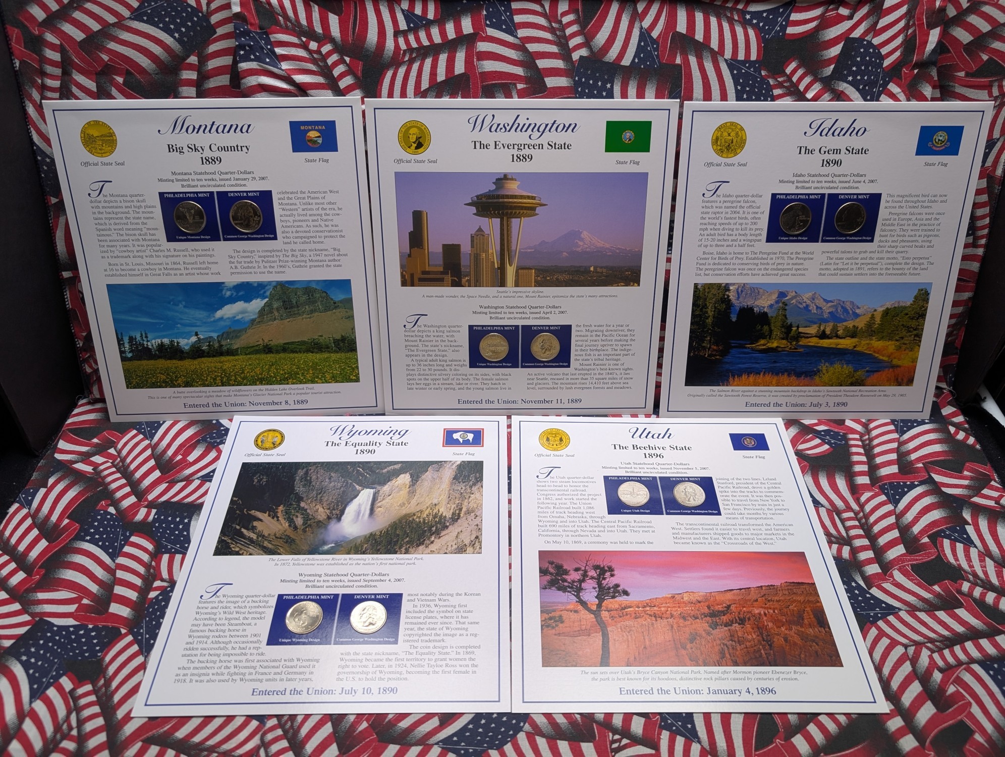 (5) 2007 P&D Uncirculated State Quarter Sets with Stamps in Binder Display Sheets