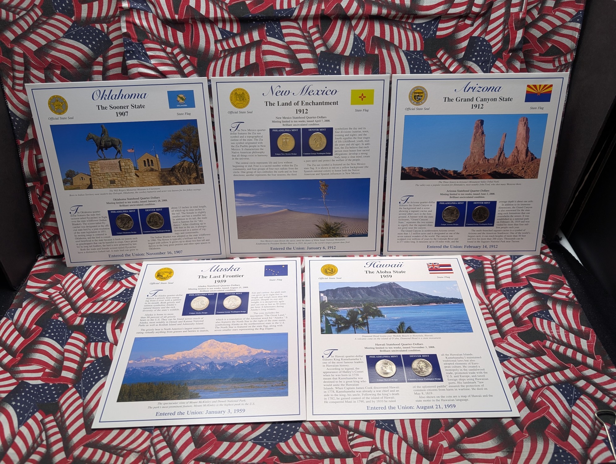 (5) 2008 P&D Uncirculated State Quarter Sets with Stamps in Binder Display Sheets