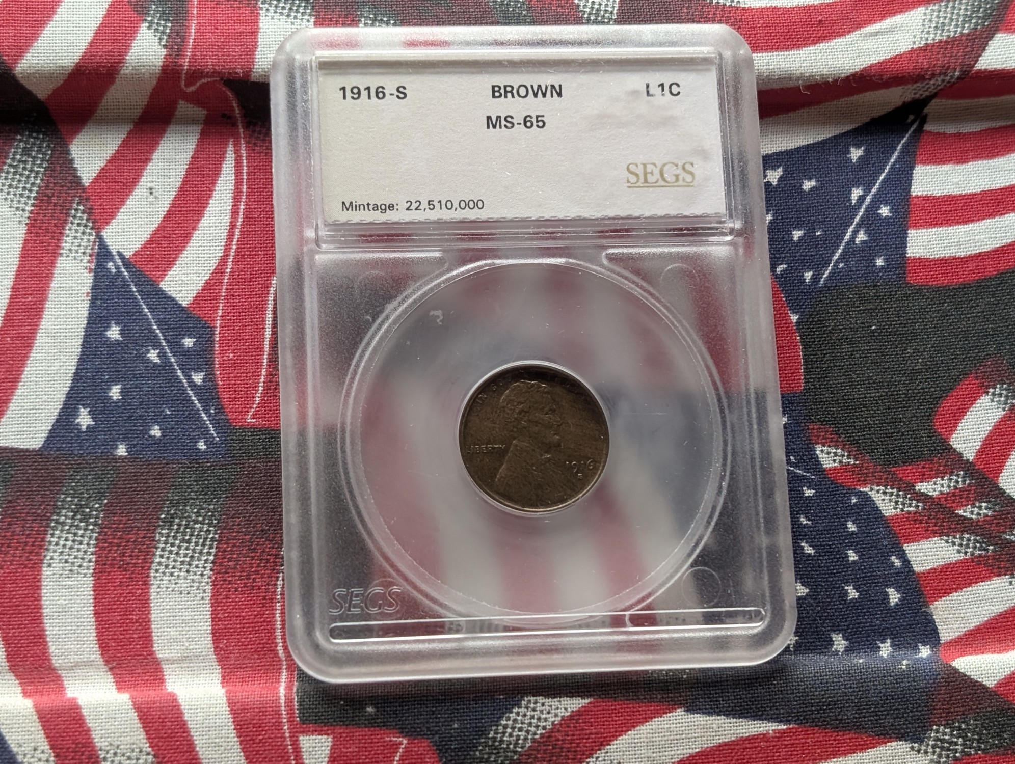 1916-S Lincoln Wheat Cent SEGS MS65 Brown