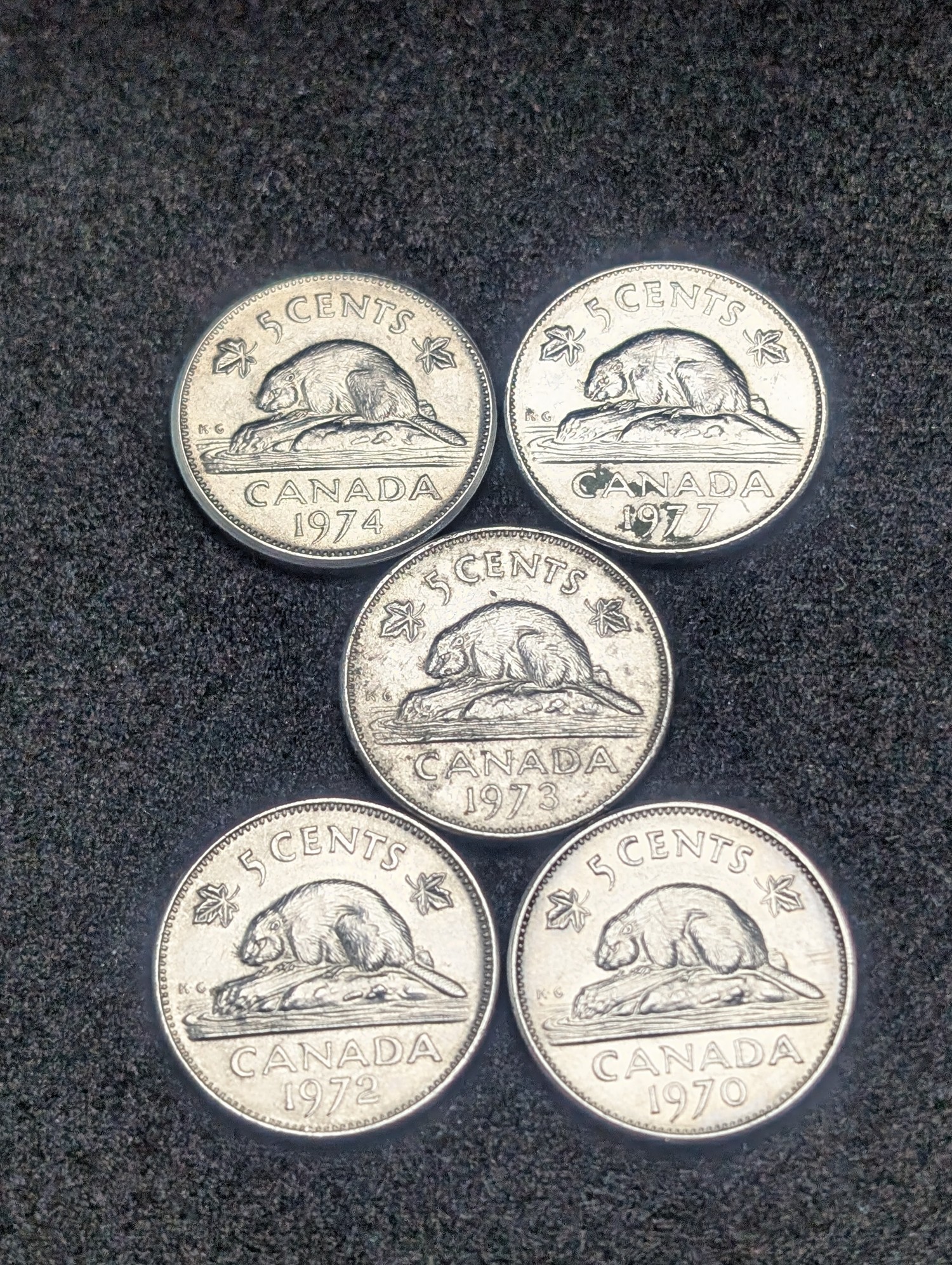 1970, 1972, 1973, 1974, 1977 (High 7) Canada Five Cents
