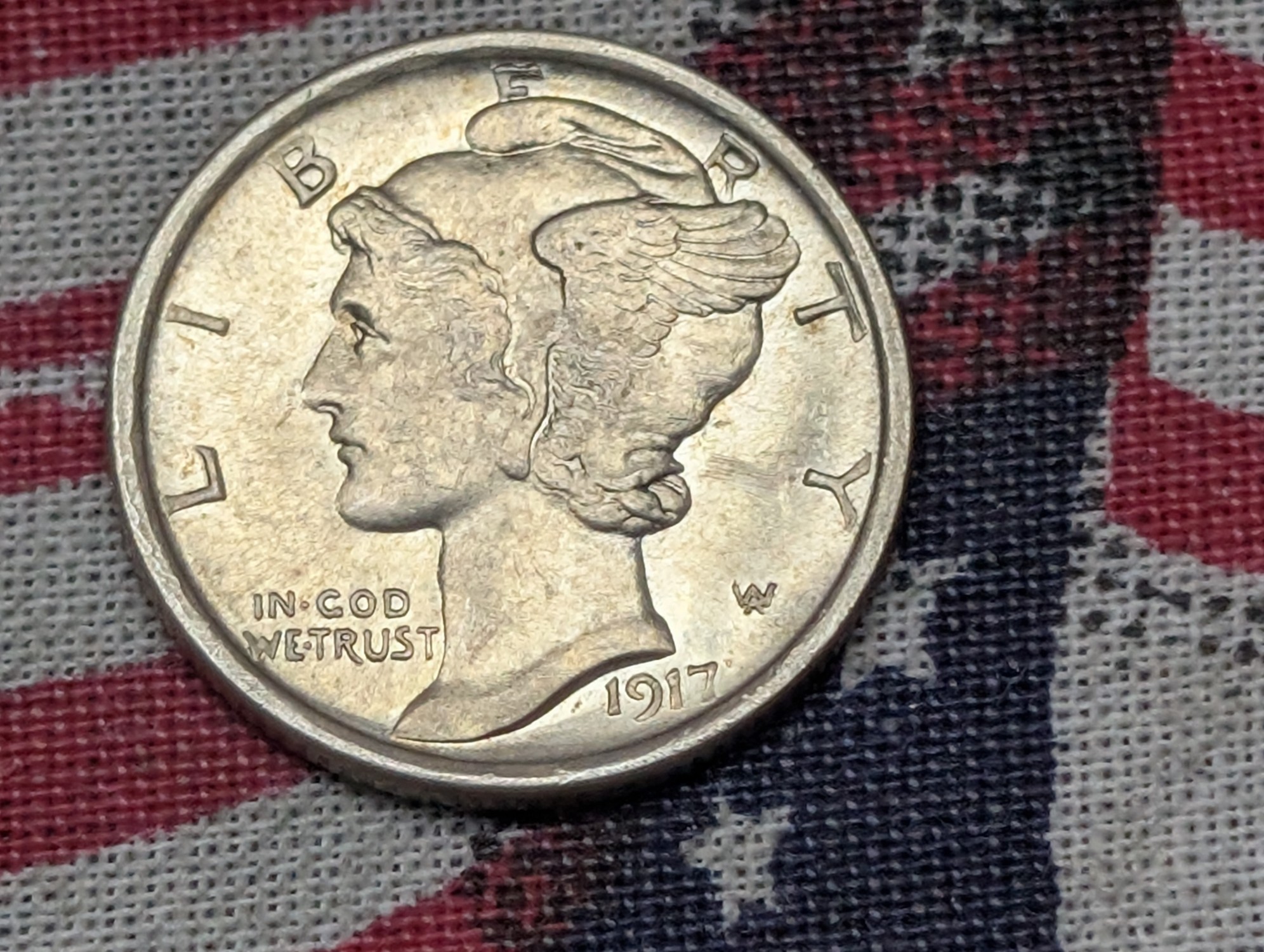 1917-D Mercury 90% Silver Dime - Rev. Mark