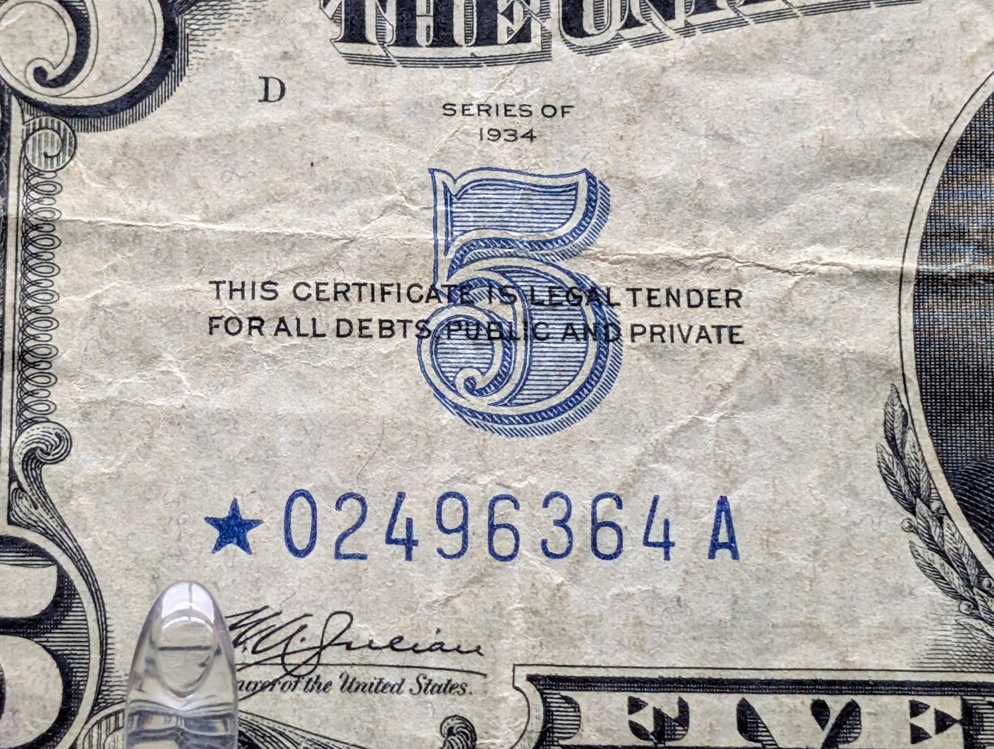 1934 Series $5 Silver Certificate Star Note