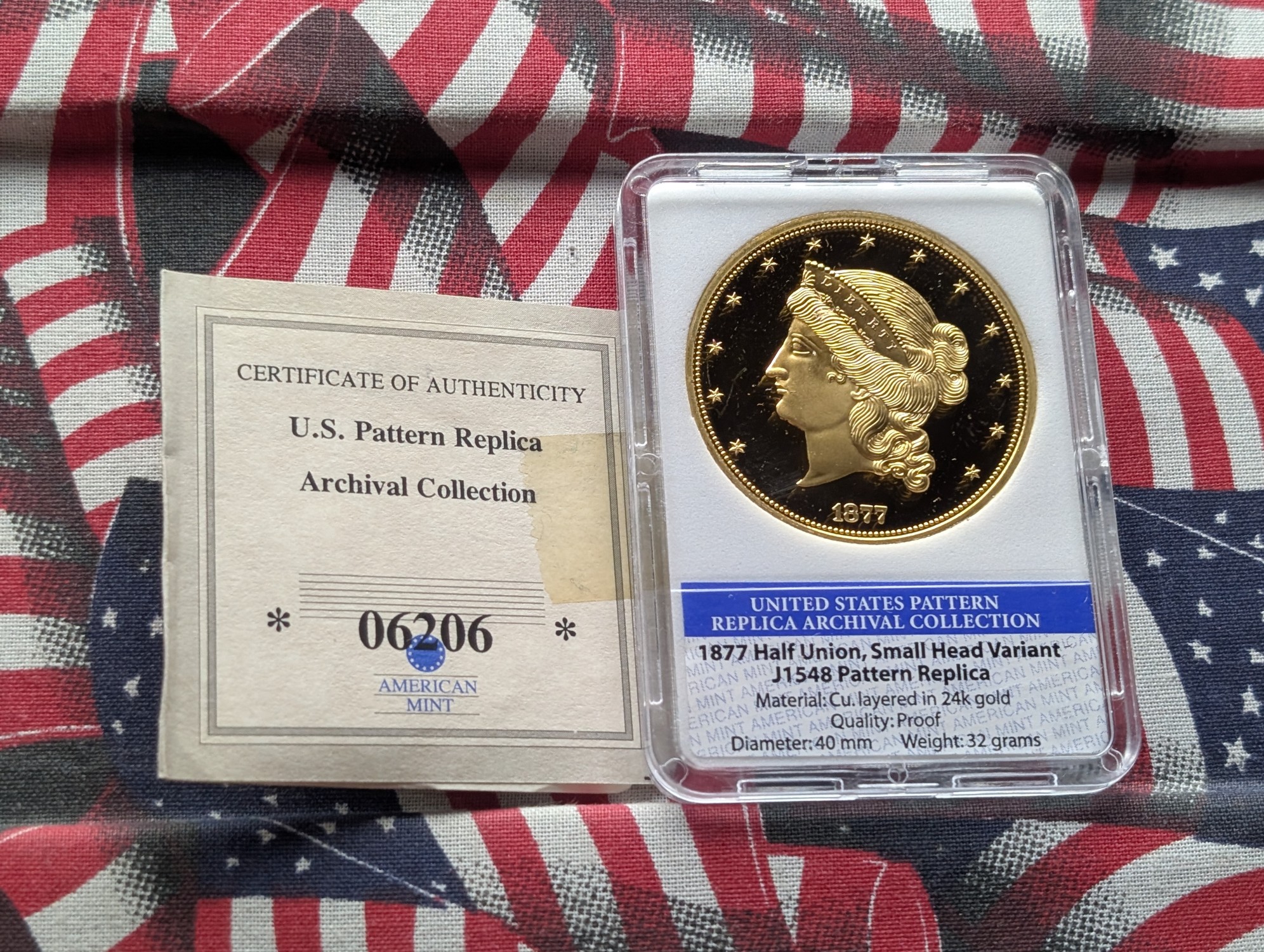 *COPY* 1877 Half Union, Small Head Variant Pattern Replica, PROOF 24KT. Gold Layered