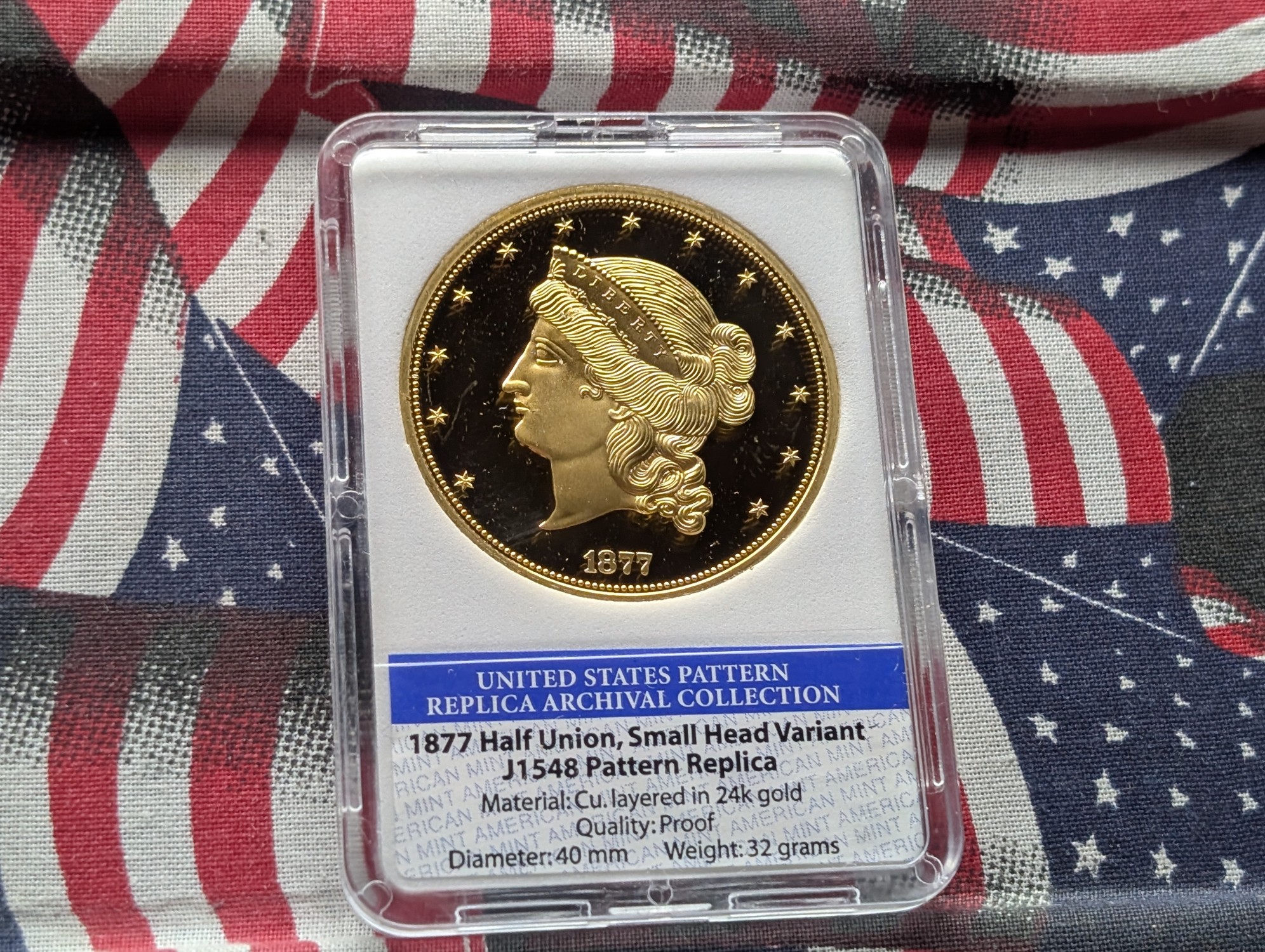 *COPY* 1877 Half Union, Small Head Variant Pattern Replica, PROOF 24KT. Gold Layered