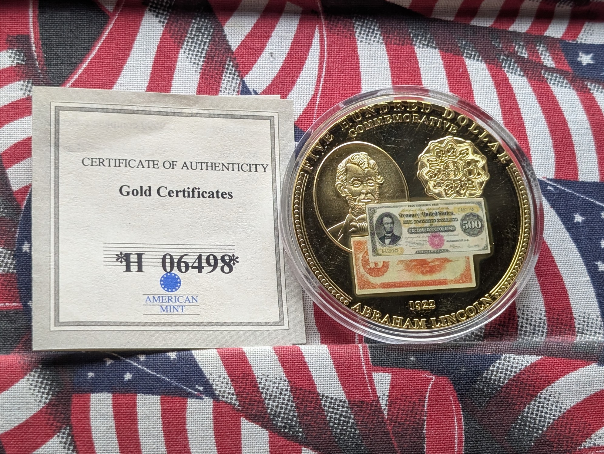 2009 American Mint Comm. $500 Banknote Lincoln PROOF Coin, 24Kt. Gold Layered
