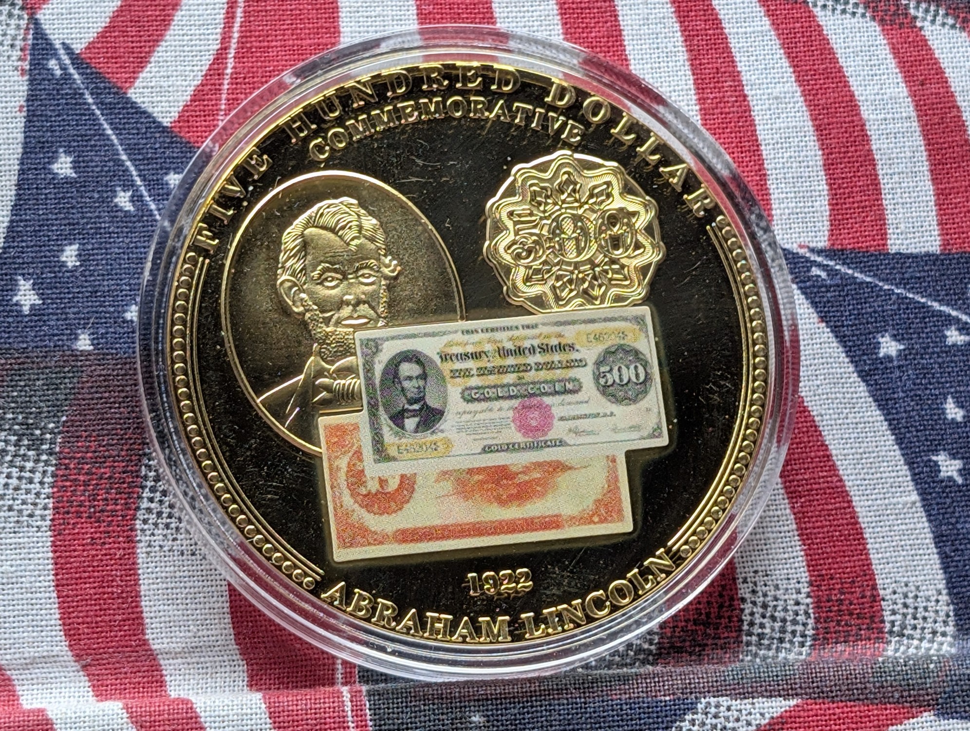 2009 American Mint Comm. $500 Banknote Lincoln PROOF Coin, 24Kt. Gold Layered