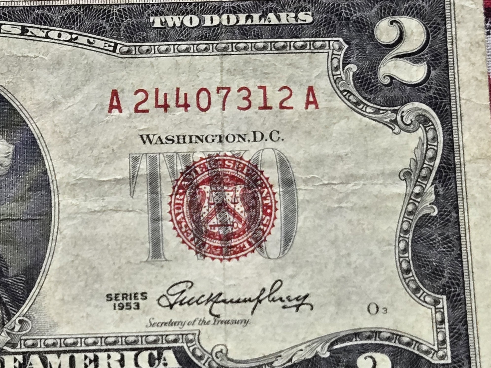 1953 Series U.S. $2 Red Seal Note