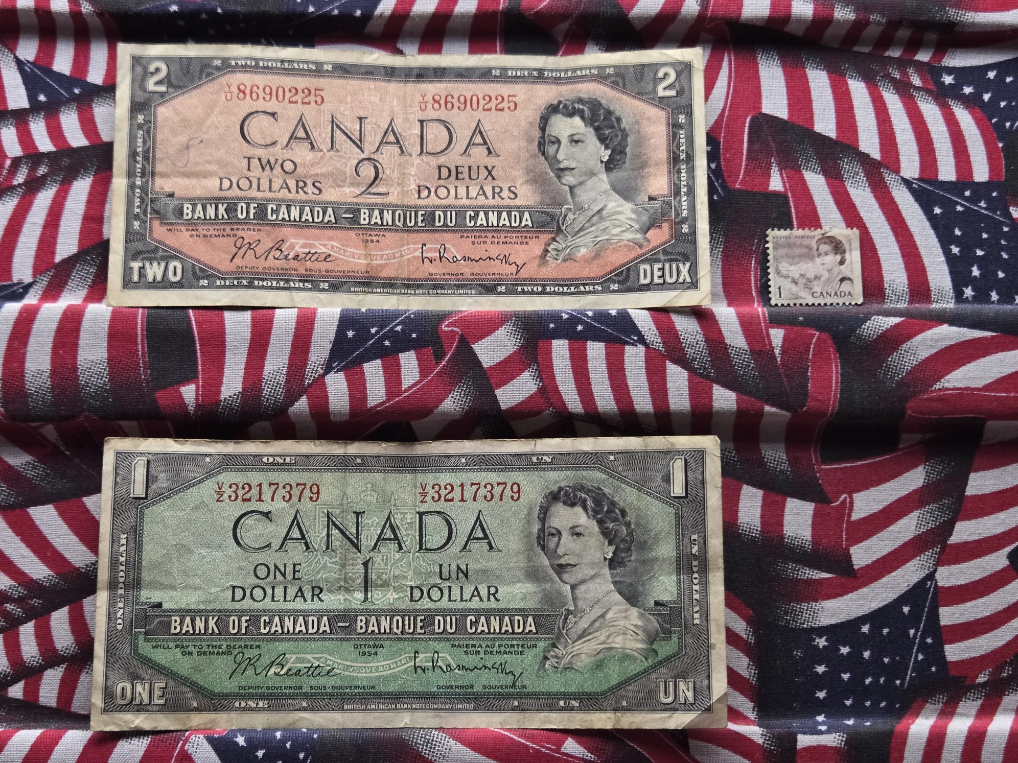 1954 Canada $1 & $2 Note - Includes Stamp