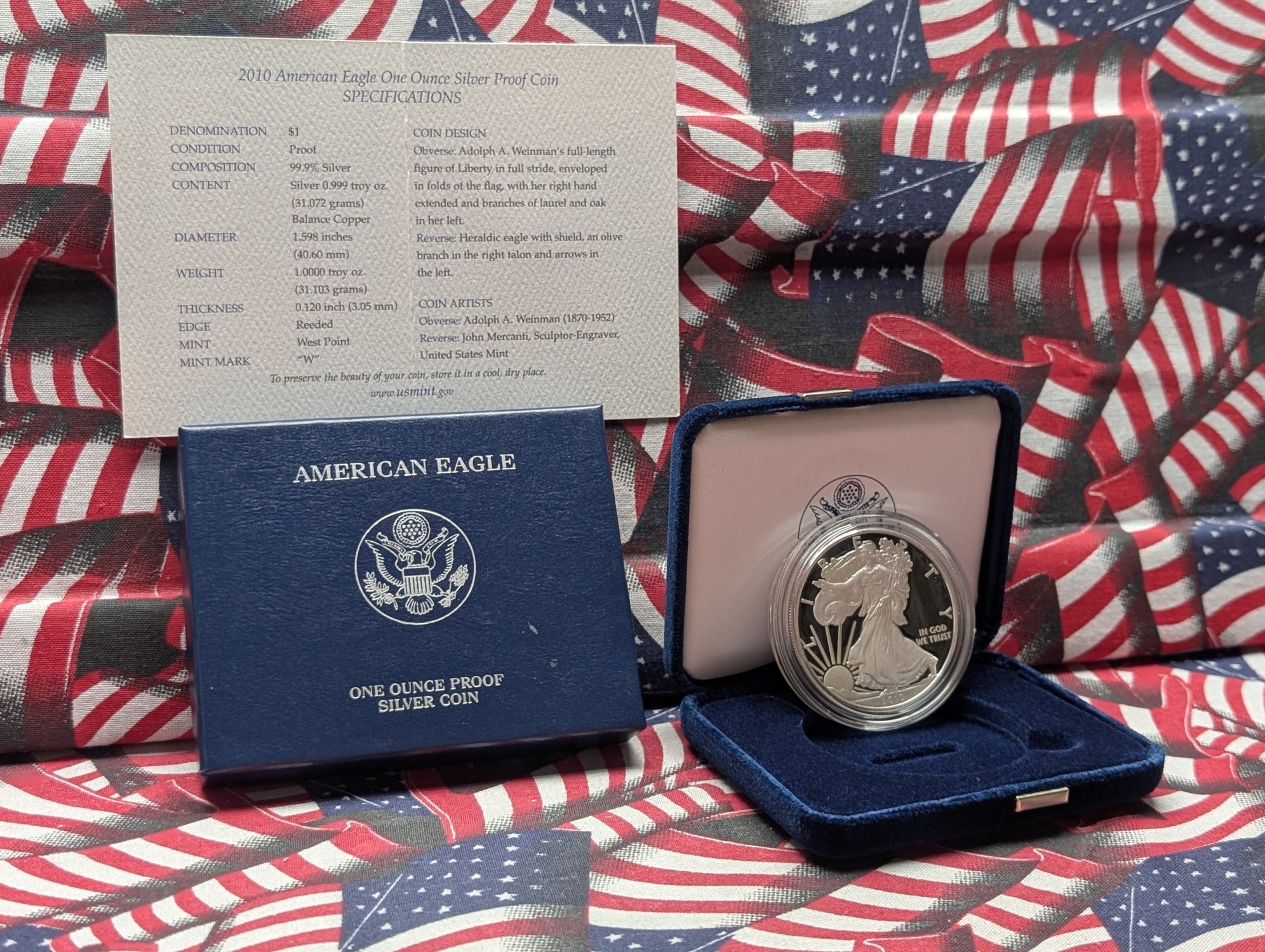 2010-W American Silver Eagle Proof One Troy Oz. .999 Fine Silver In OGP w/ COA