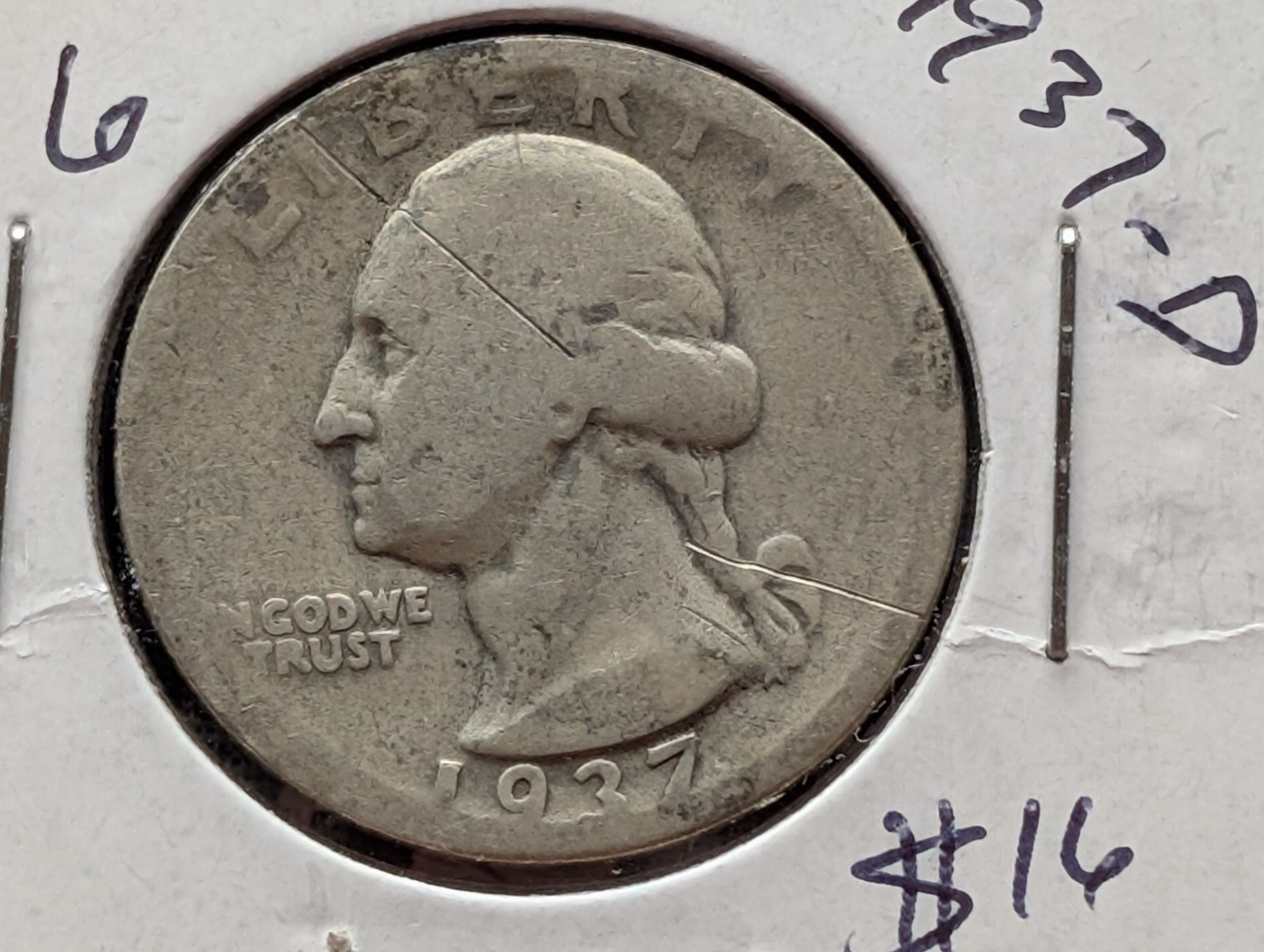 1937-D Washington 90% Silver Quarter