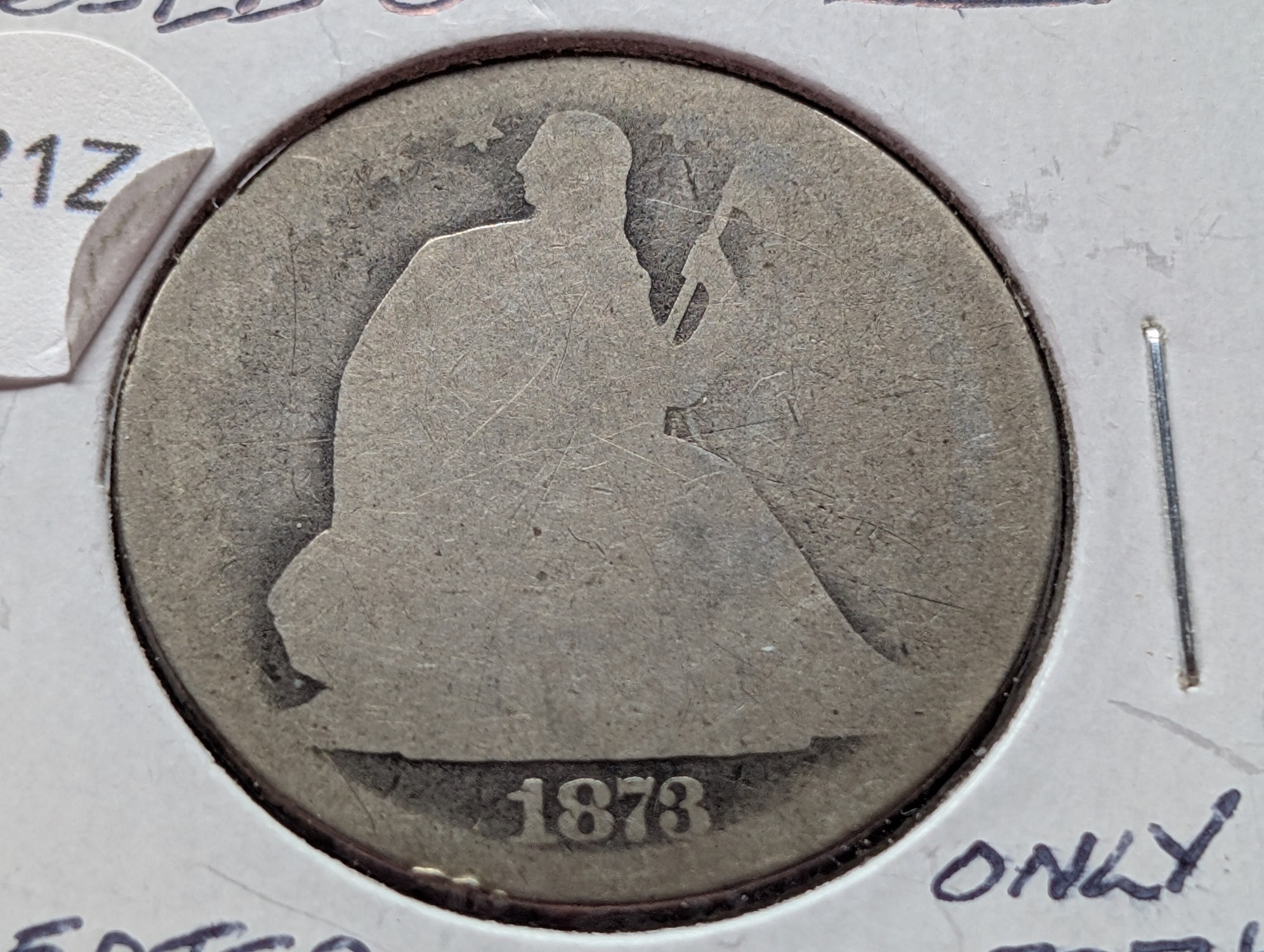 1873 Seated Liberty 90% Silver Half Dollar, "Closed 3 & No Arrows", only 587K minted