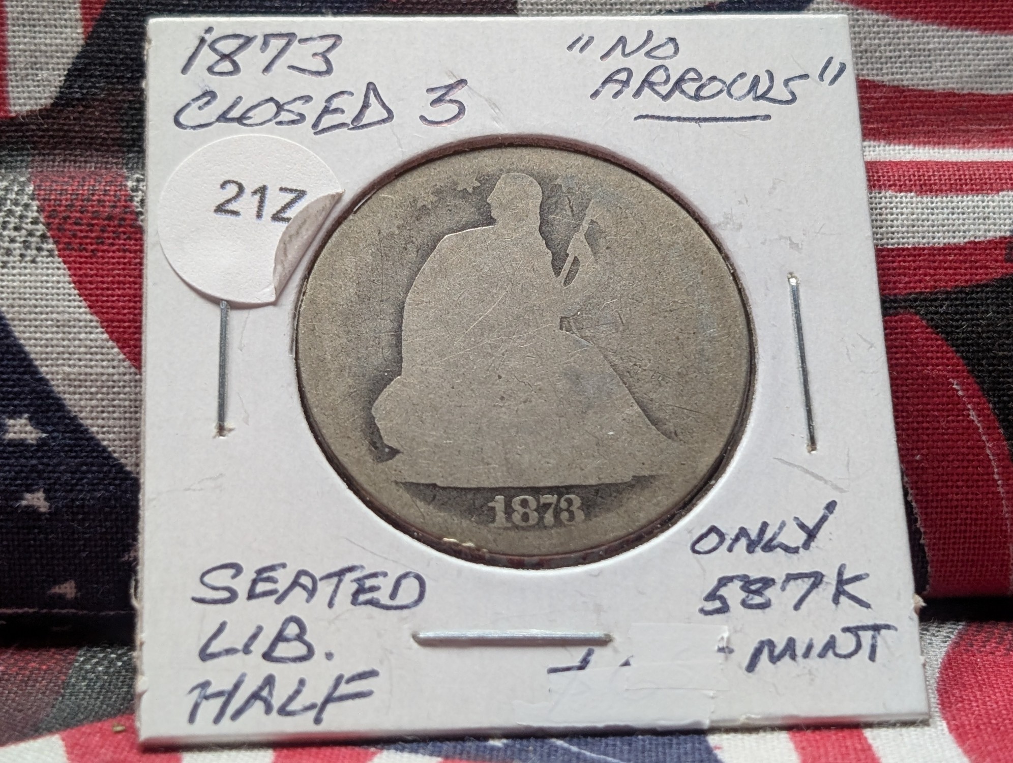 1873 Seated Liberty 90% Silver Half Dollar, "Closed 3 & No Arrows", only 587K minted