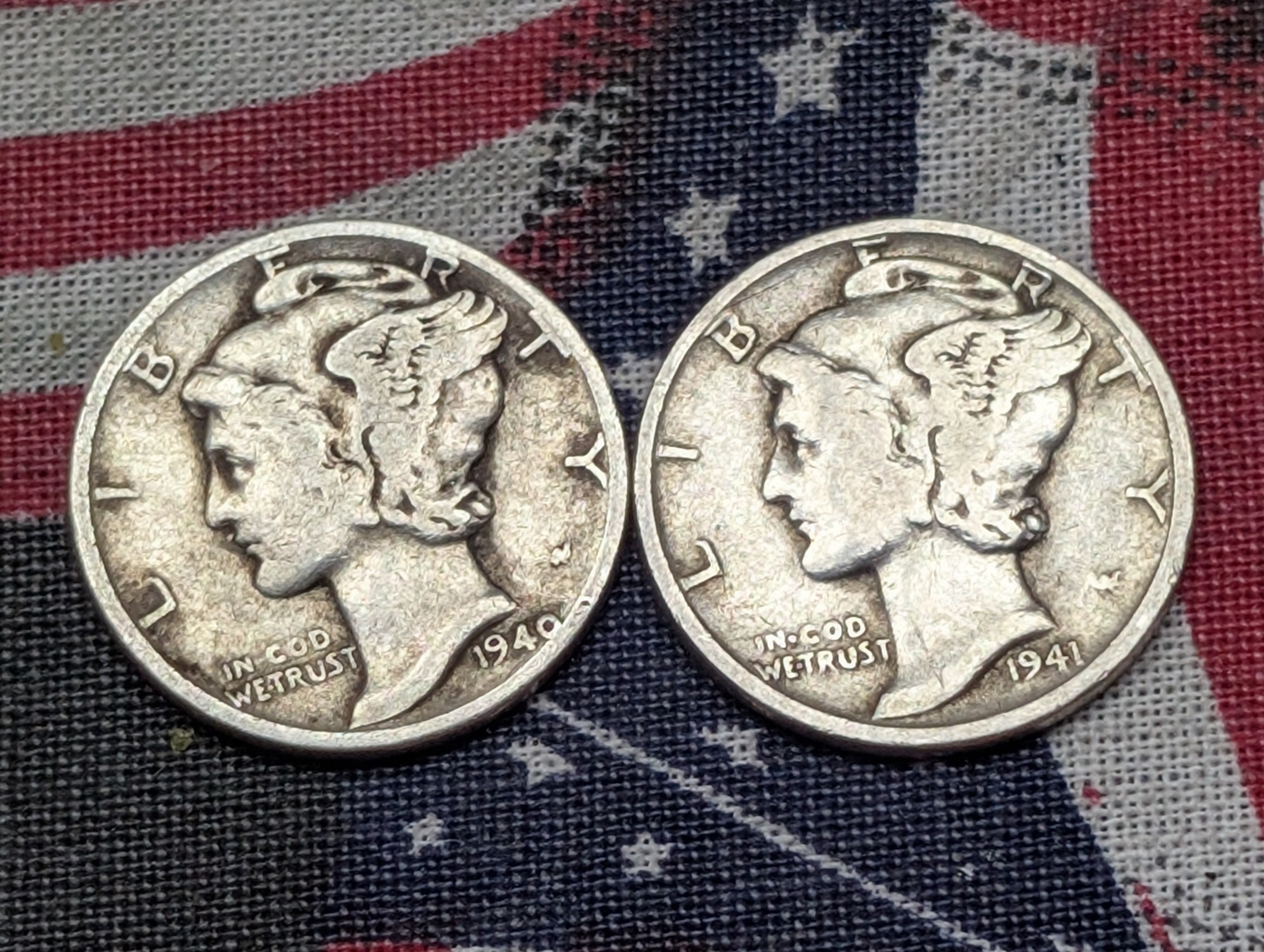 1940 & 1941 Mercury 90% Silver Dimes, WWII Era, Over 80 Years Old!