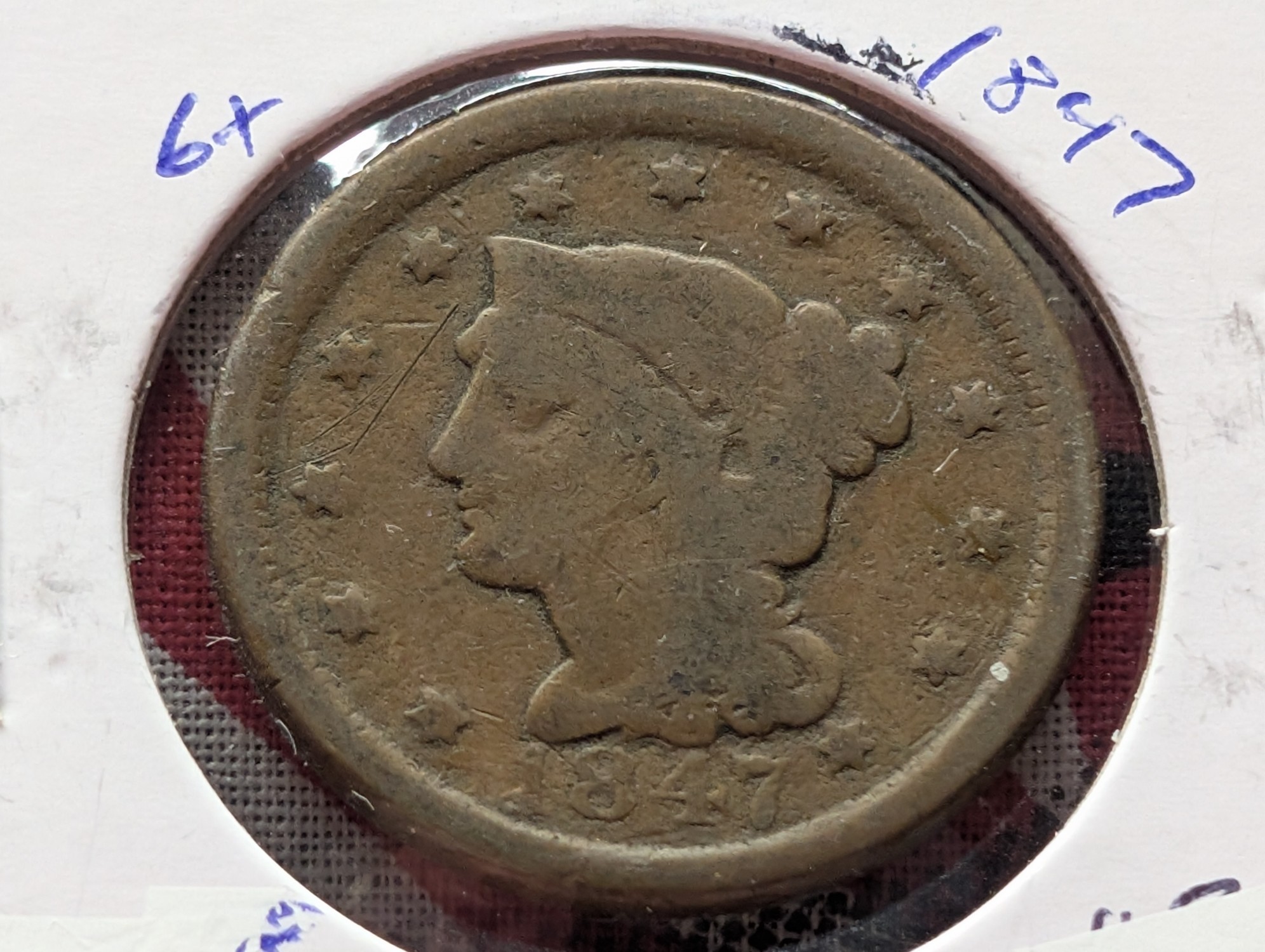 1847 Braided Hair Large Cent - 179 Years Old! - Modified Reverse