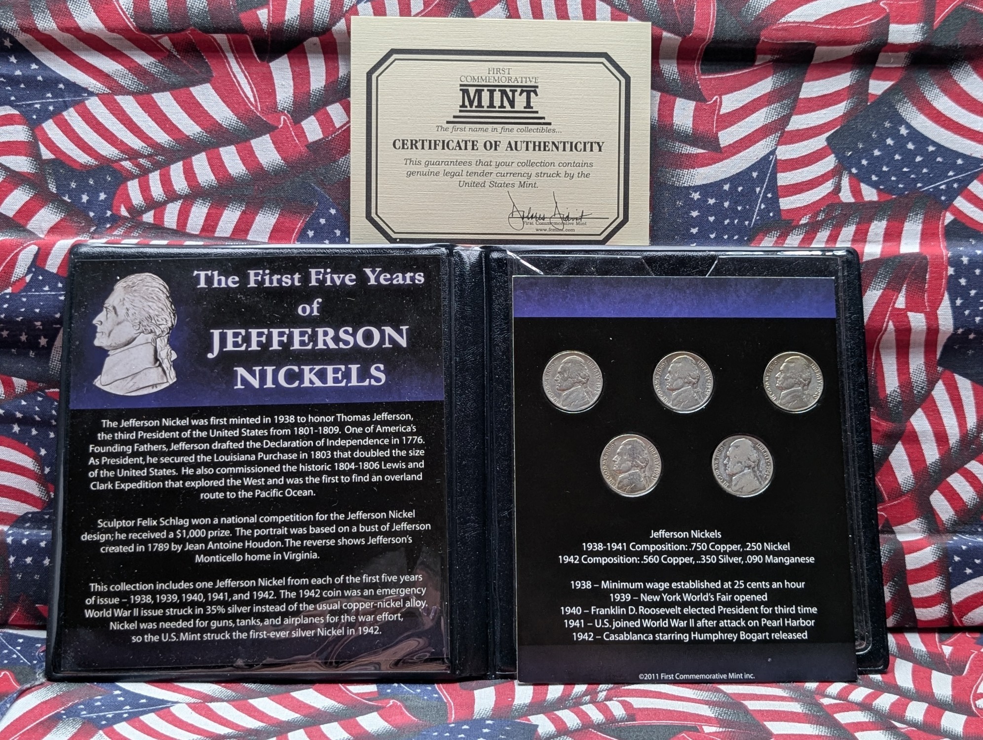 1938-1942 First Commemorative Mint The First 5 Years of Jefferson Nickel Collection Book w/COA - Includes (1) 35% Silver War Nickel