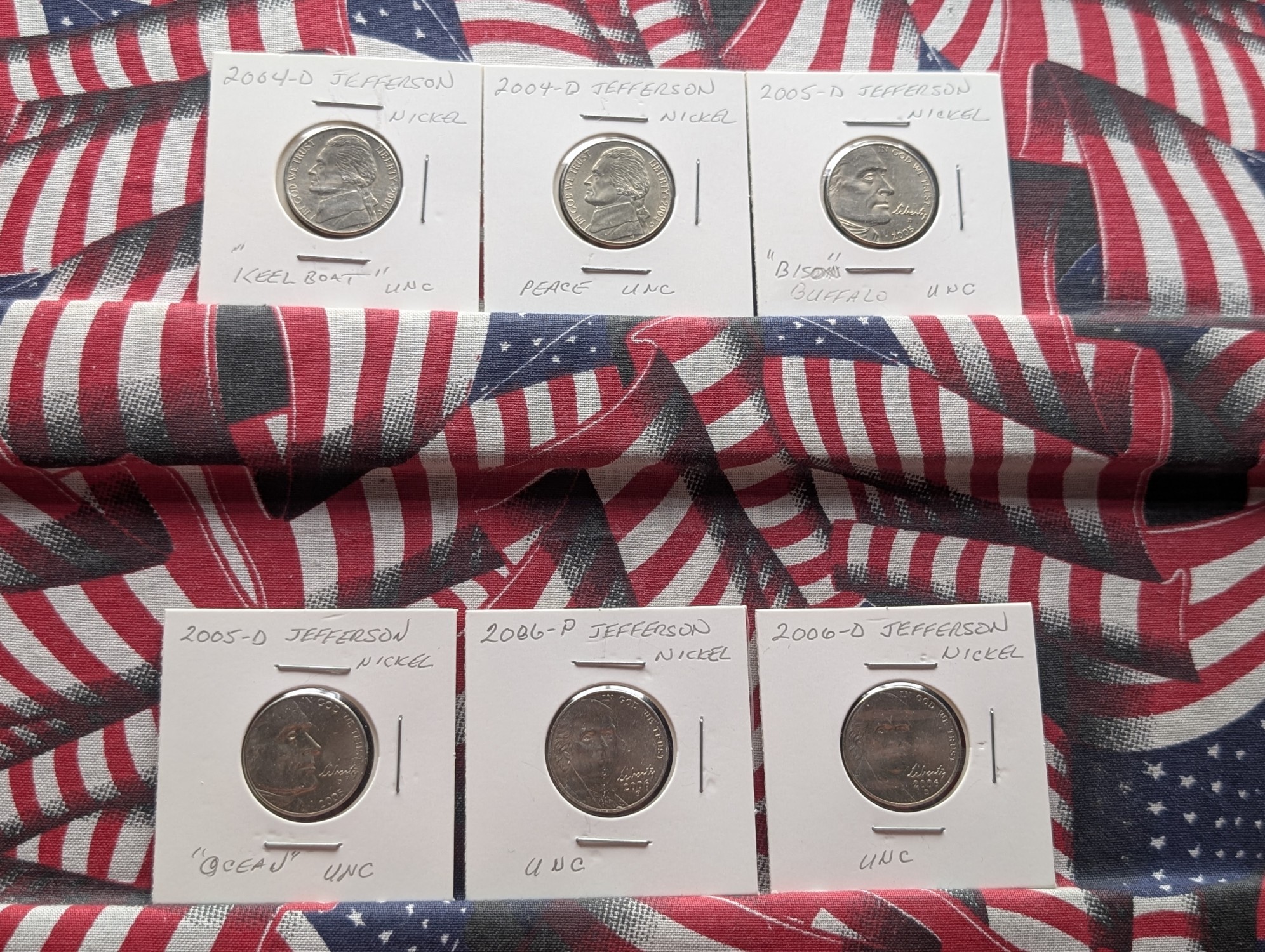 2004-D Keel Boat, 2004-D Peace, 2005-D Bison, 2005-D Ocean, 2006-P&D Jefferson Nickels