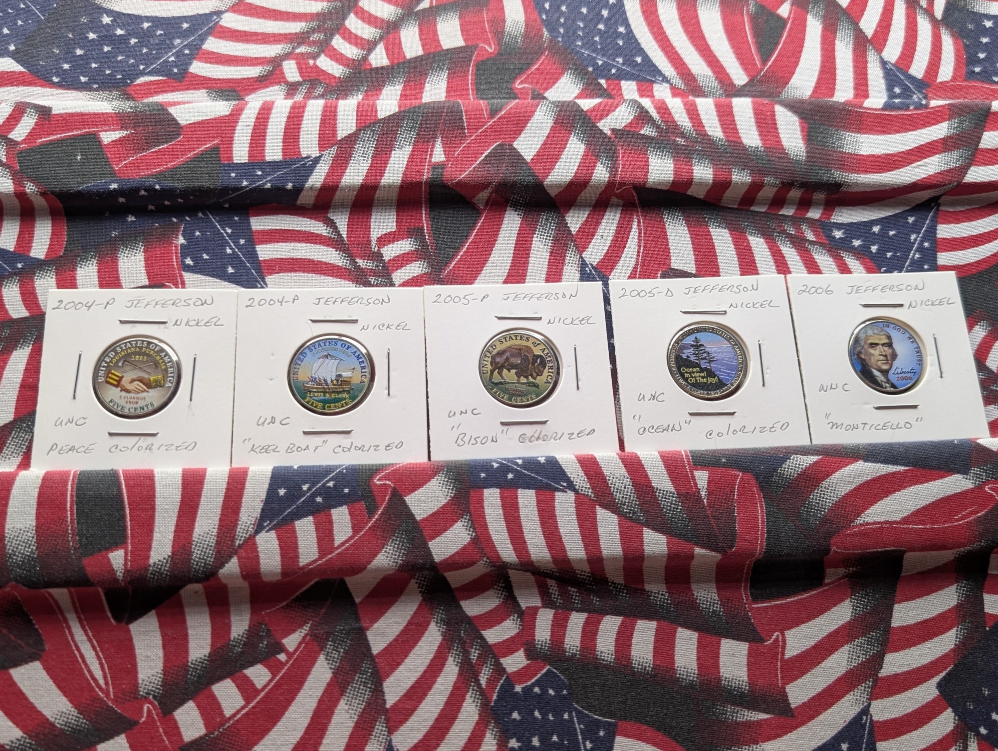 2004-P Peace, 2004-P Keel Boat, 2005-P Bison, 2005-D Ocean, and 2006-D Monticello Colorized Jefferson Nickels