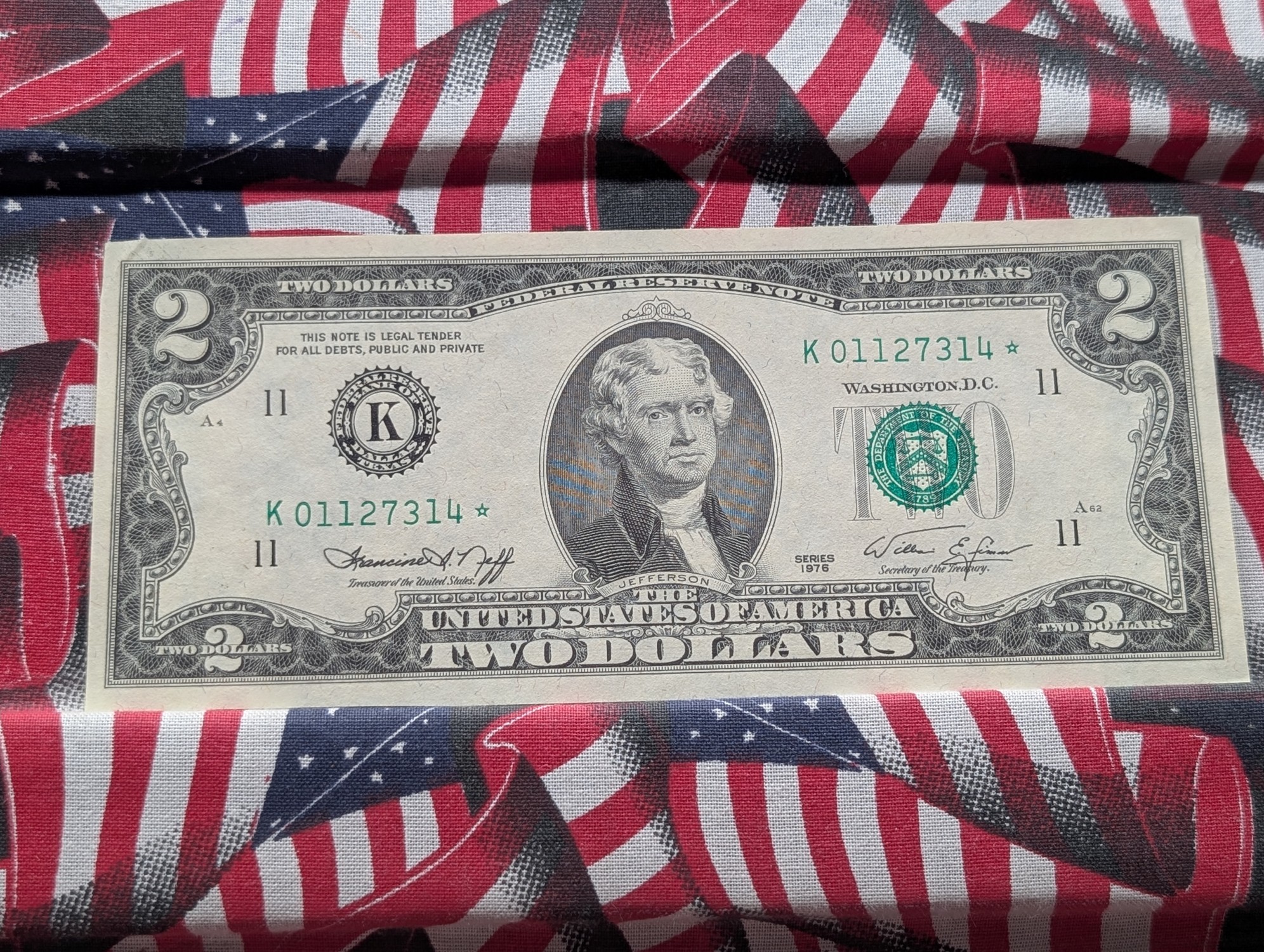 1976 Series U.S. $2 Federal Reserve Star Bank Note - Serial # K 01127314*
