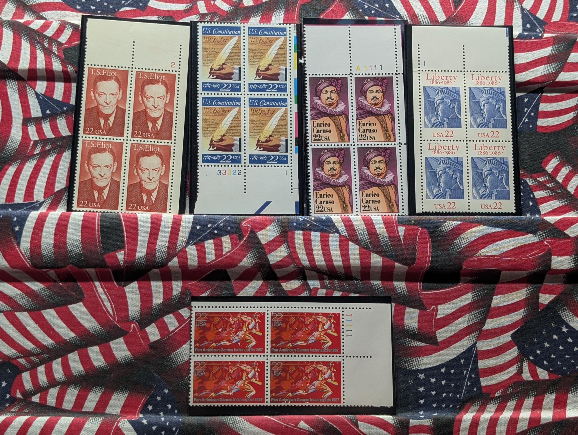 (5) Assorted U.S. Plate Blocks, All Mint, Original Gum, Never Hinged