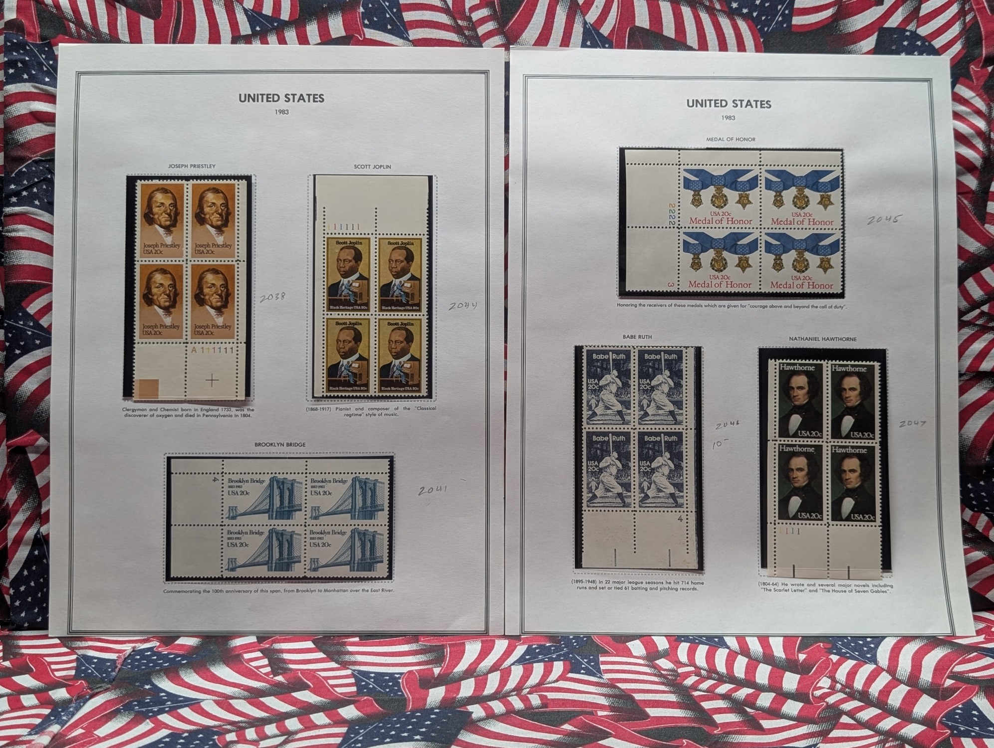 (6) Assorted U.S. Plate Blocks, All Mint, Original Gum, Never Hinged