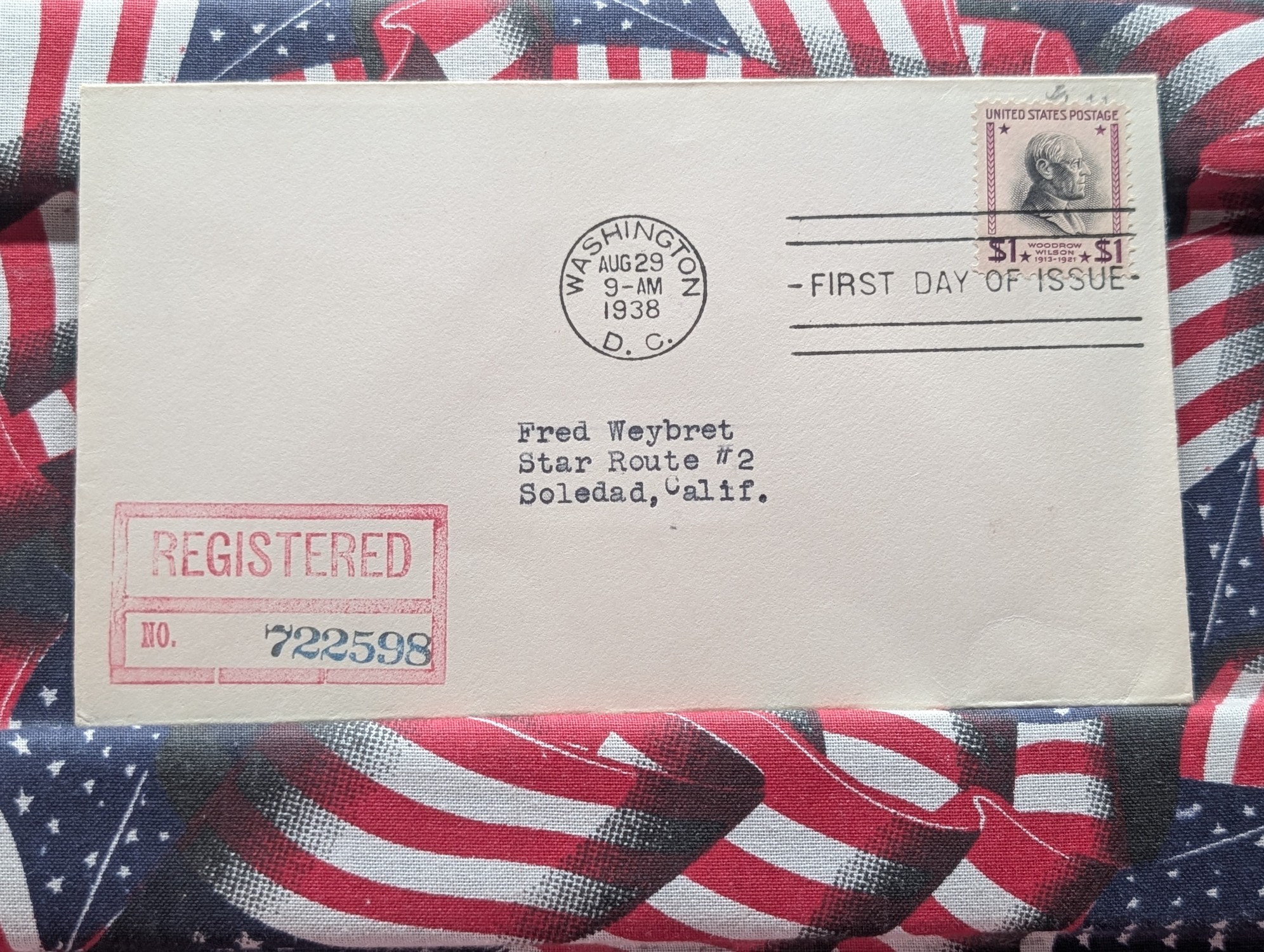 1938 Woodrow Wilson First Day Cover, Scott # 832