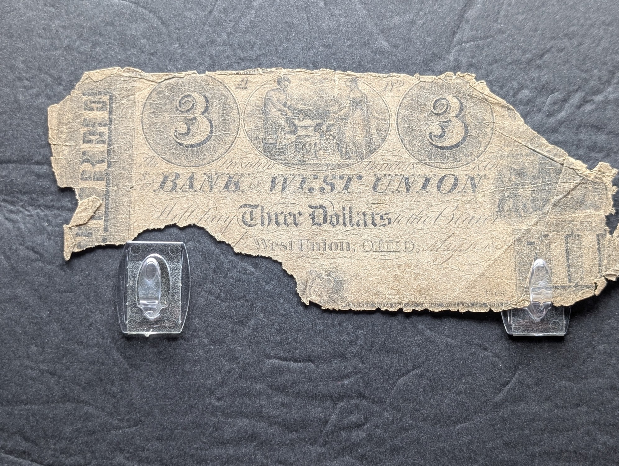 1830s Bank of West Union Ohio Partial $3 Note