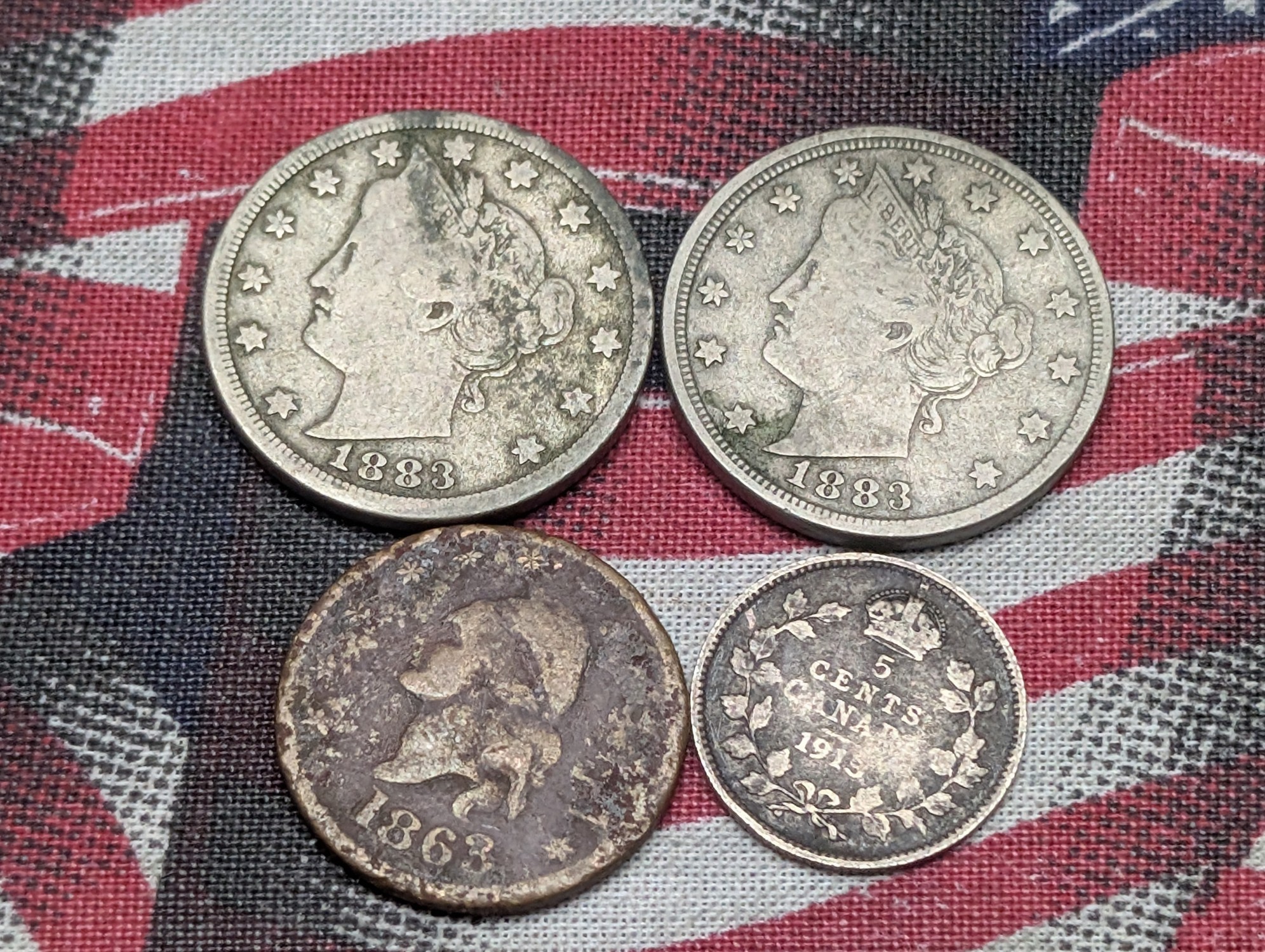 (2) 1883 No Cents Liberty Head V Nickels, 1863 Civil War Token & 1913 Canada 92.5% Silver Five Cents