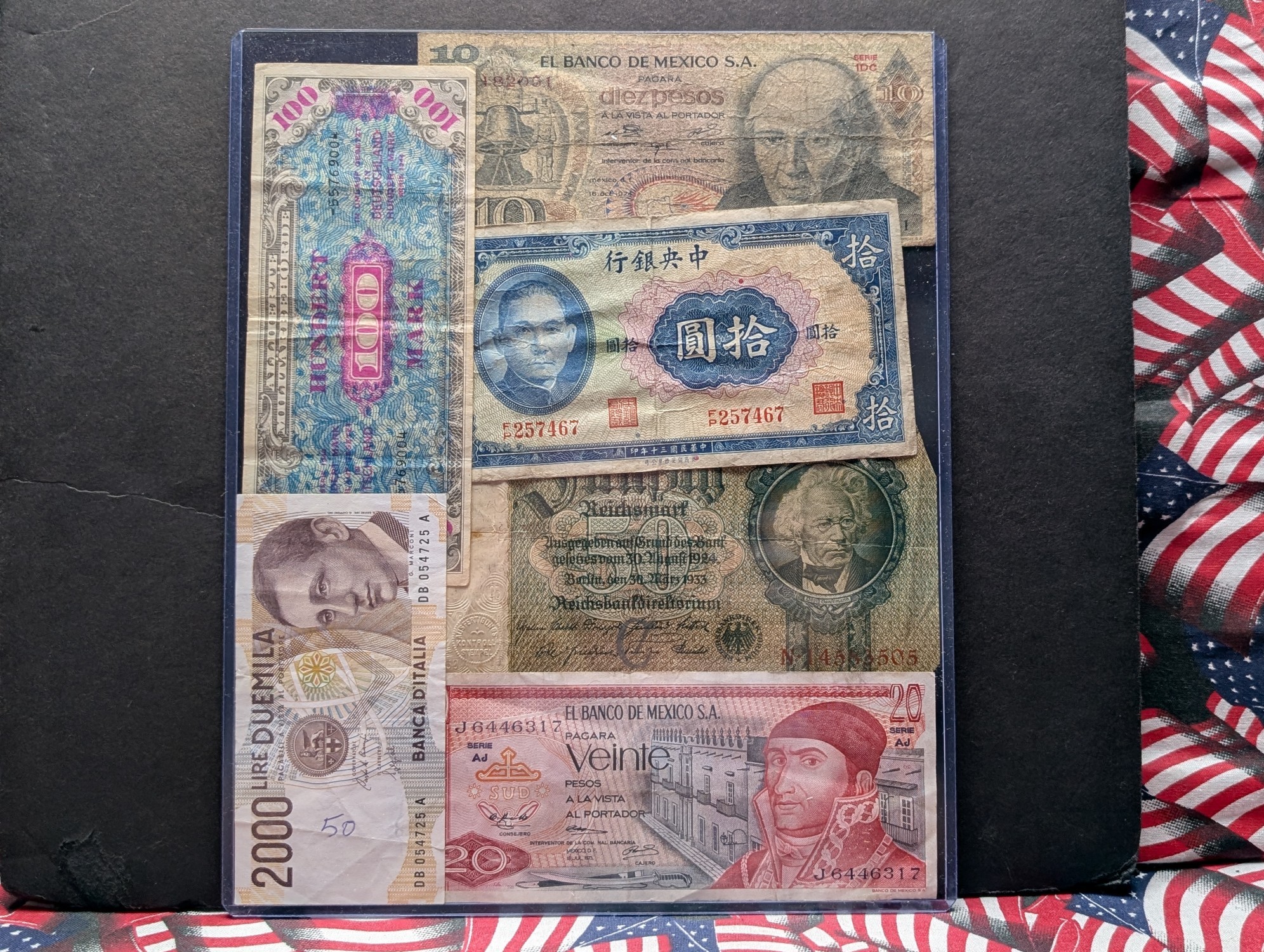 (6) Assorted World Currency Notes in Display