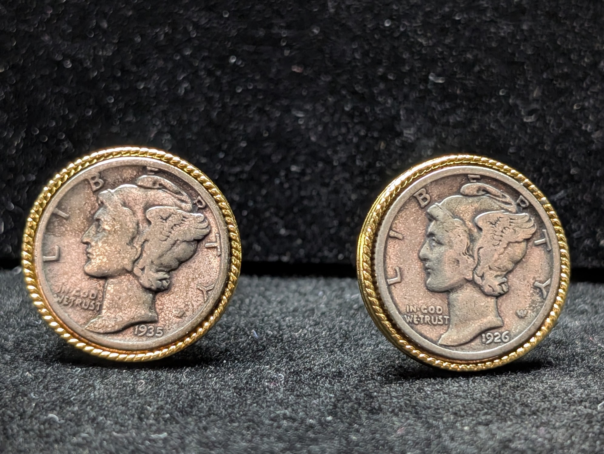 1935 & 1926 Mercury 90% Silver Dimes Set in Cuff Links