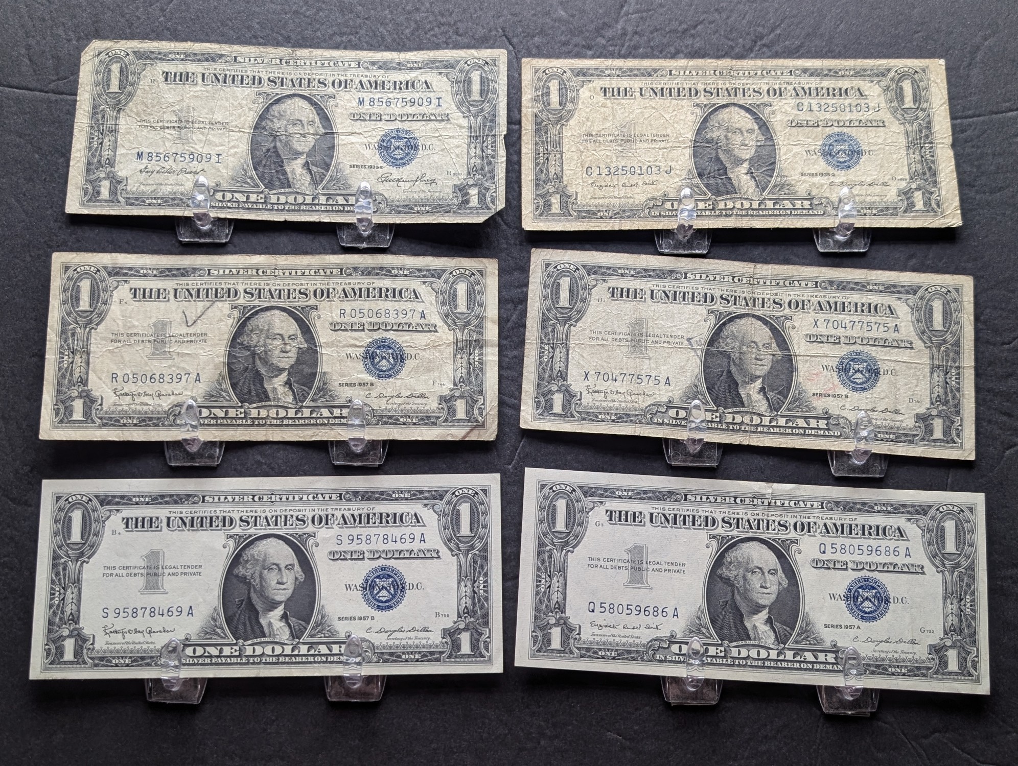 1935 E, 1935 G, (3) 1957 B, & (1) 1957 A Series $1 Silver Certificates